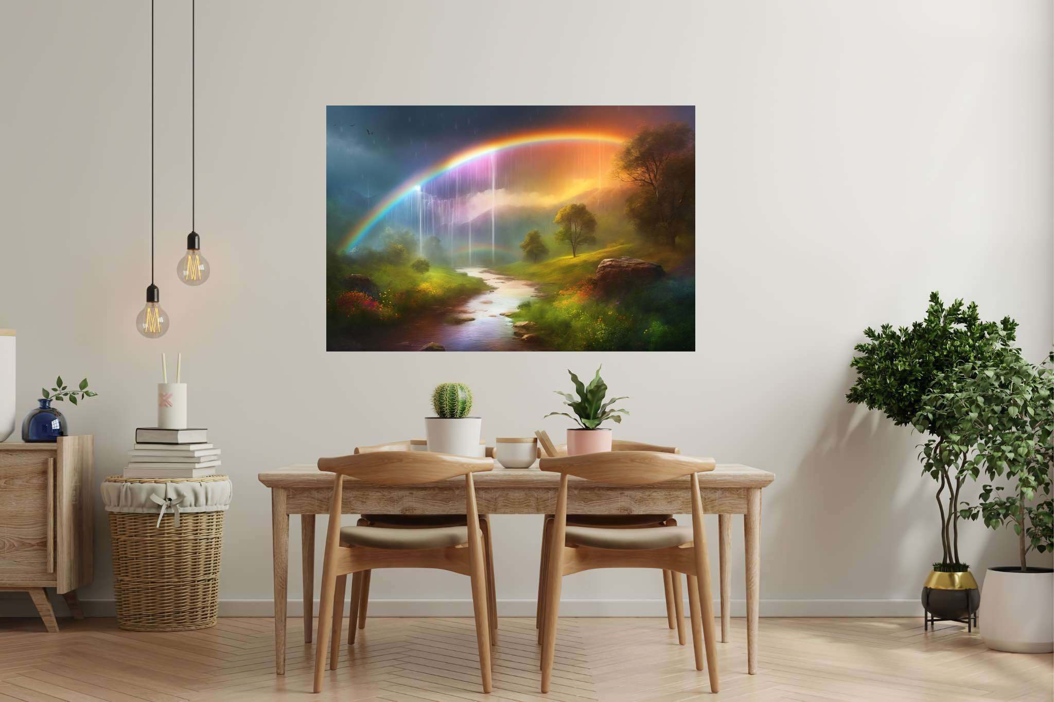 Rainbow mist ballet: Serene waterfall art with peaceful water landscape, in a room with classic elegance, wall hangings, and interior decorations. The art can be printed on poster, framed poster, canvas, metal, acrylic or wood, exclusively at WallArtZen. Find this exact print at https://wallartzen.com/waz314