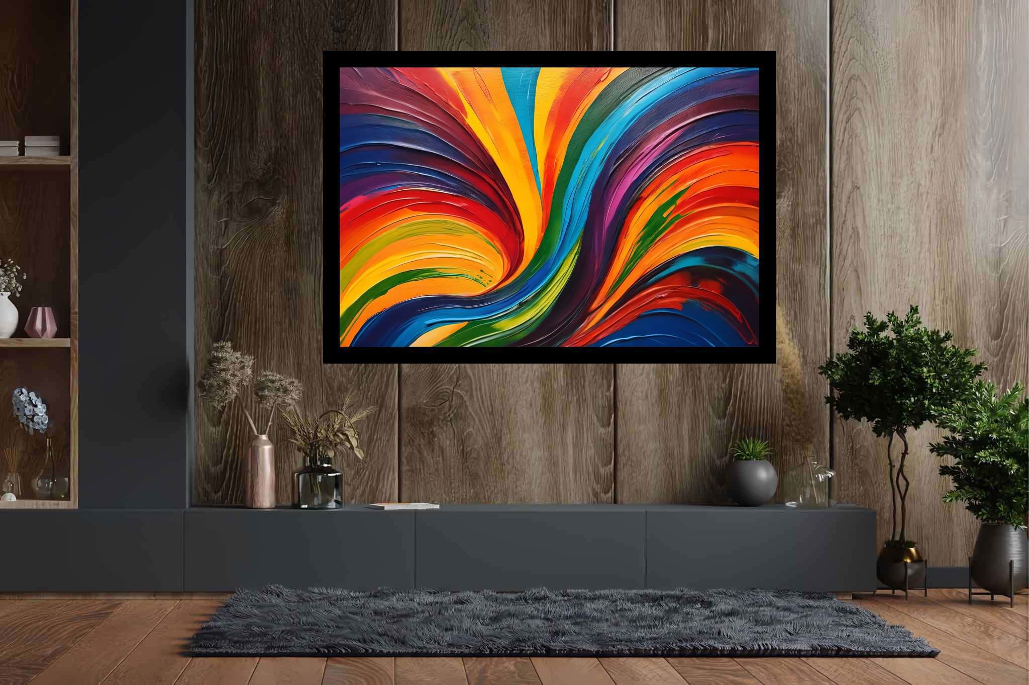 Chroma carousel: Vibrant art with vibrant brushstrokes, in a room with contemporary flair, canvas prints, and interior decorations. The art can be printed on poster, framed poster, canvas, metal, acrylic or wood, exclusively at WallArtZen. Find this exact print at https://wallartzen.com/waz315