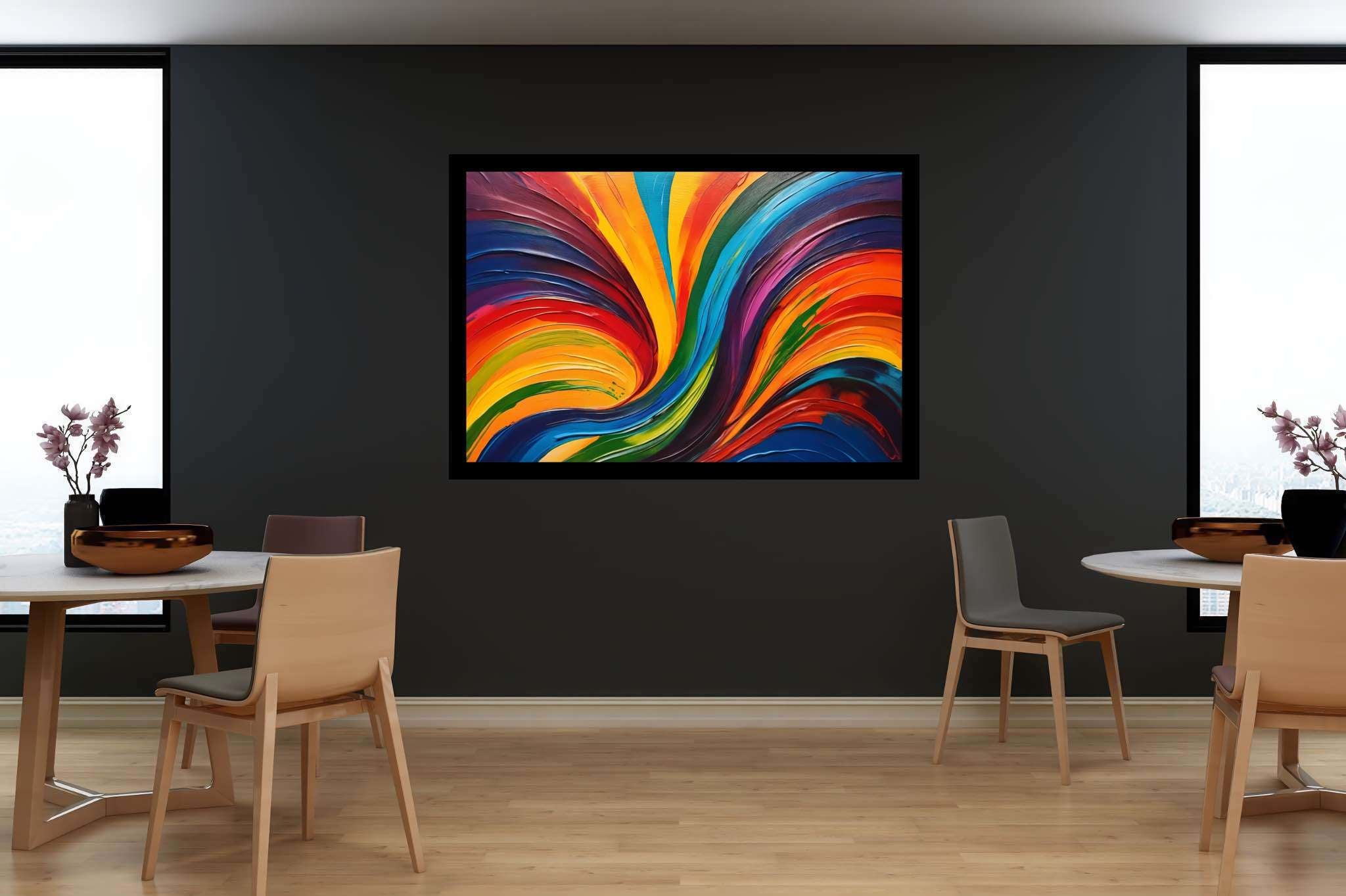 Chroma carousel: Vibrant art with dynamic art, in a room with contemporary flair, wall art, and stylish accessories. The art can be printed on poster, framed poster, canvas, metal, acrylic or wood, exclusively at WallArtZen. Find this exact print at https://wallartzen.com/waz315
