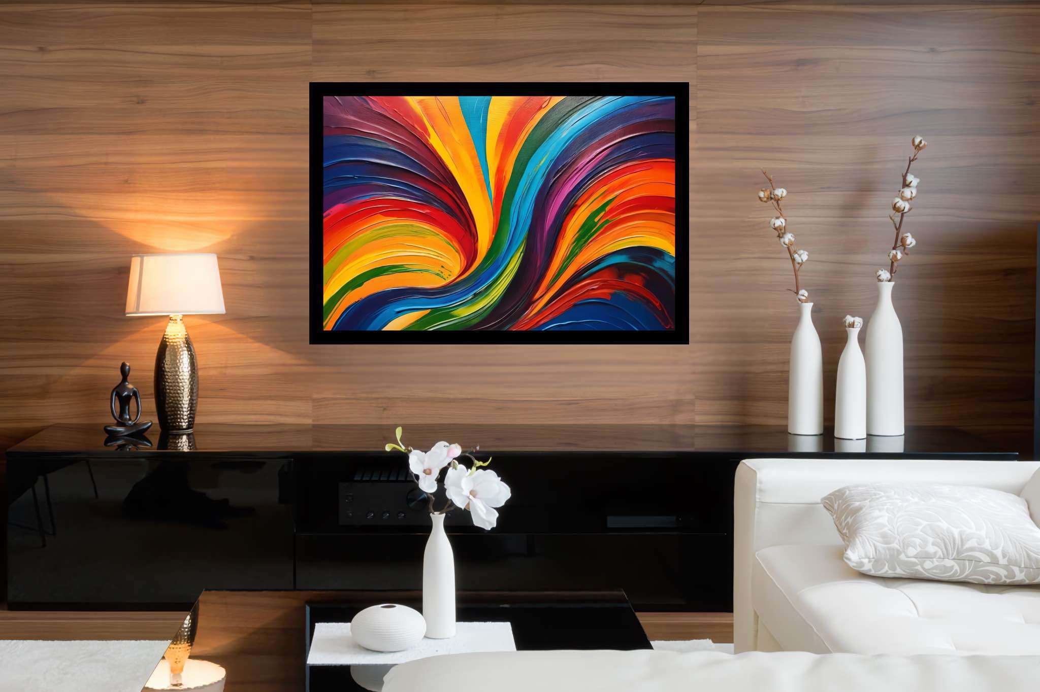 Chroma carousel: Vibrant art with vibrant expression, in a room with elegant layout, bespoke art designs, and elegant home goods. The art can be printed on poster, framed poster, canvas, metal, acrylic or wood, exclusively at WallArtZen. Find this exact print at https://wallartzen.com/waz315