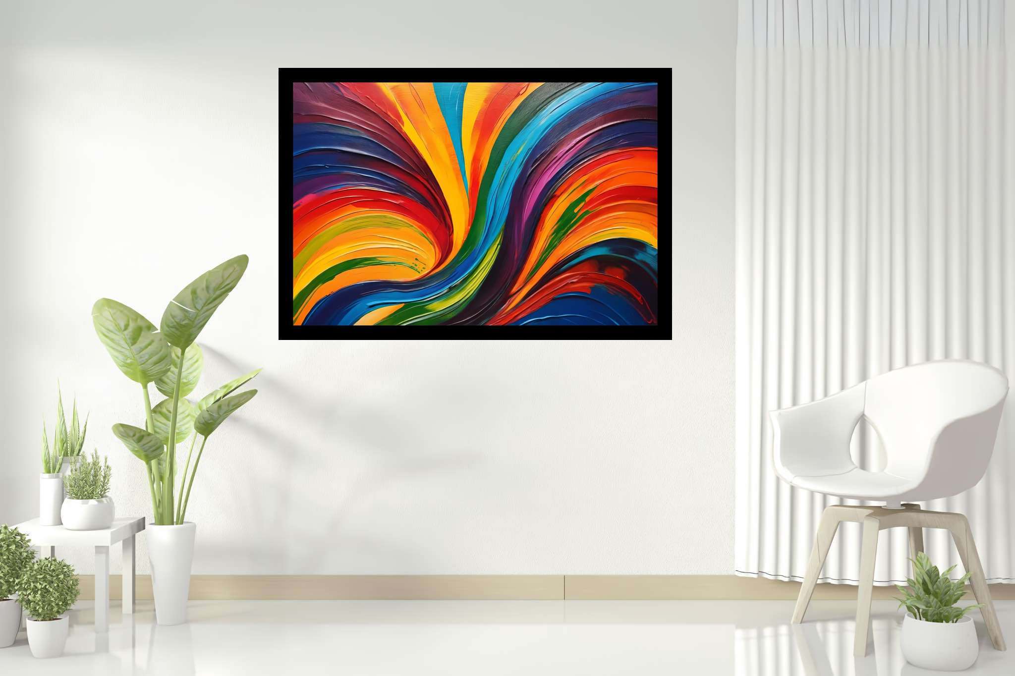 Chroma carousel: Vibrant art with vibrant brushstrokes, in a room with chic decor, digital art pieces, and luxe decor. The art can be printed on poster, framed poster, canvas, metal, acrylic or wood, exclusively at WallArtZen. Find this exact print at https://wallartzen.com/waz315