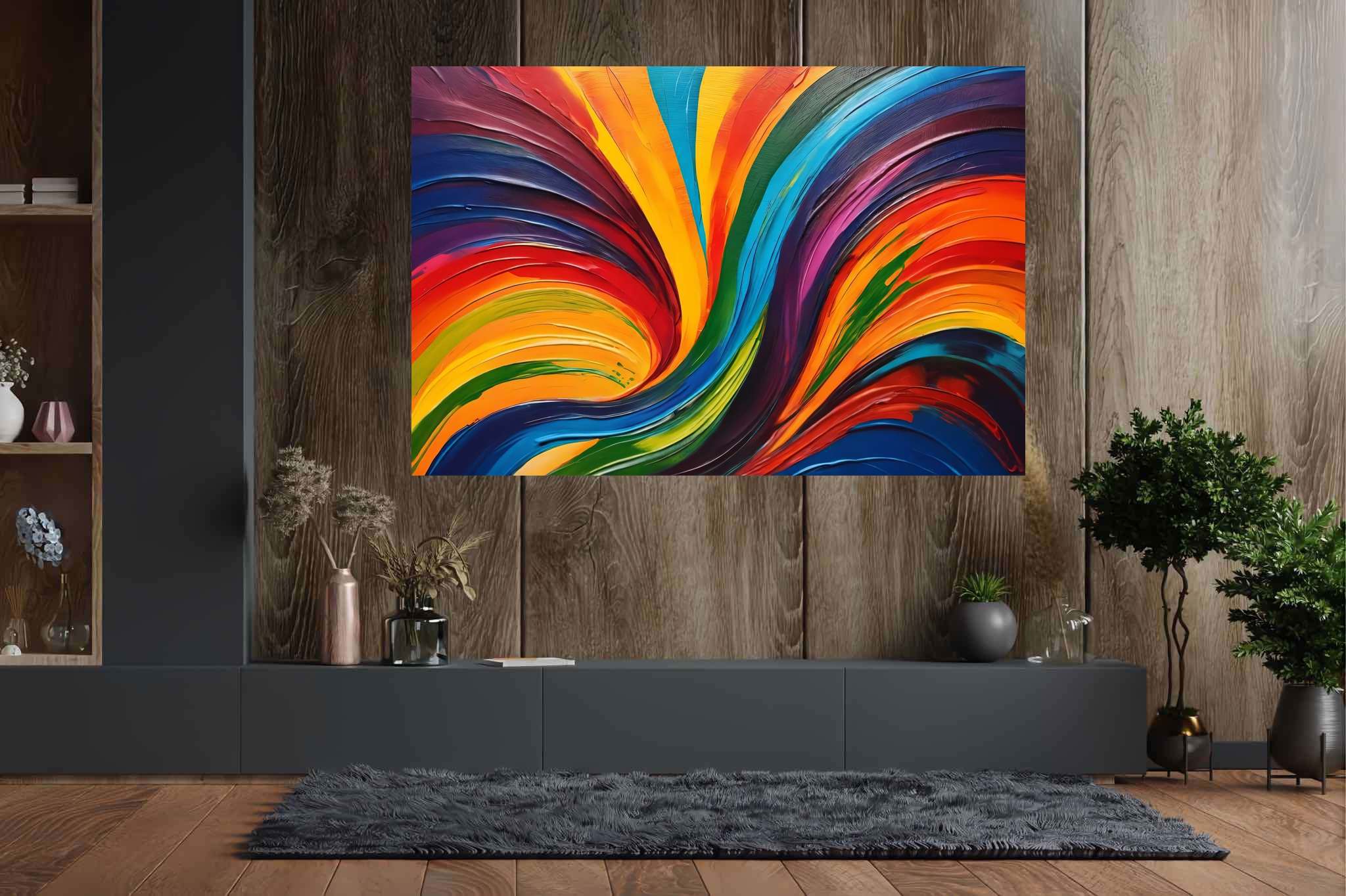 Chroma carousel: Vibrant art with vibrant contemporary art, in a room with minimalist approach, photographic wall art, and designer furniture. The art can be printed on poster, framed poster, canvas, metal, acrylic or wood, exclusively at WallArtZen. Find this exact print at https://wallartzen.com/waz315