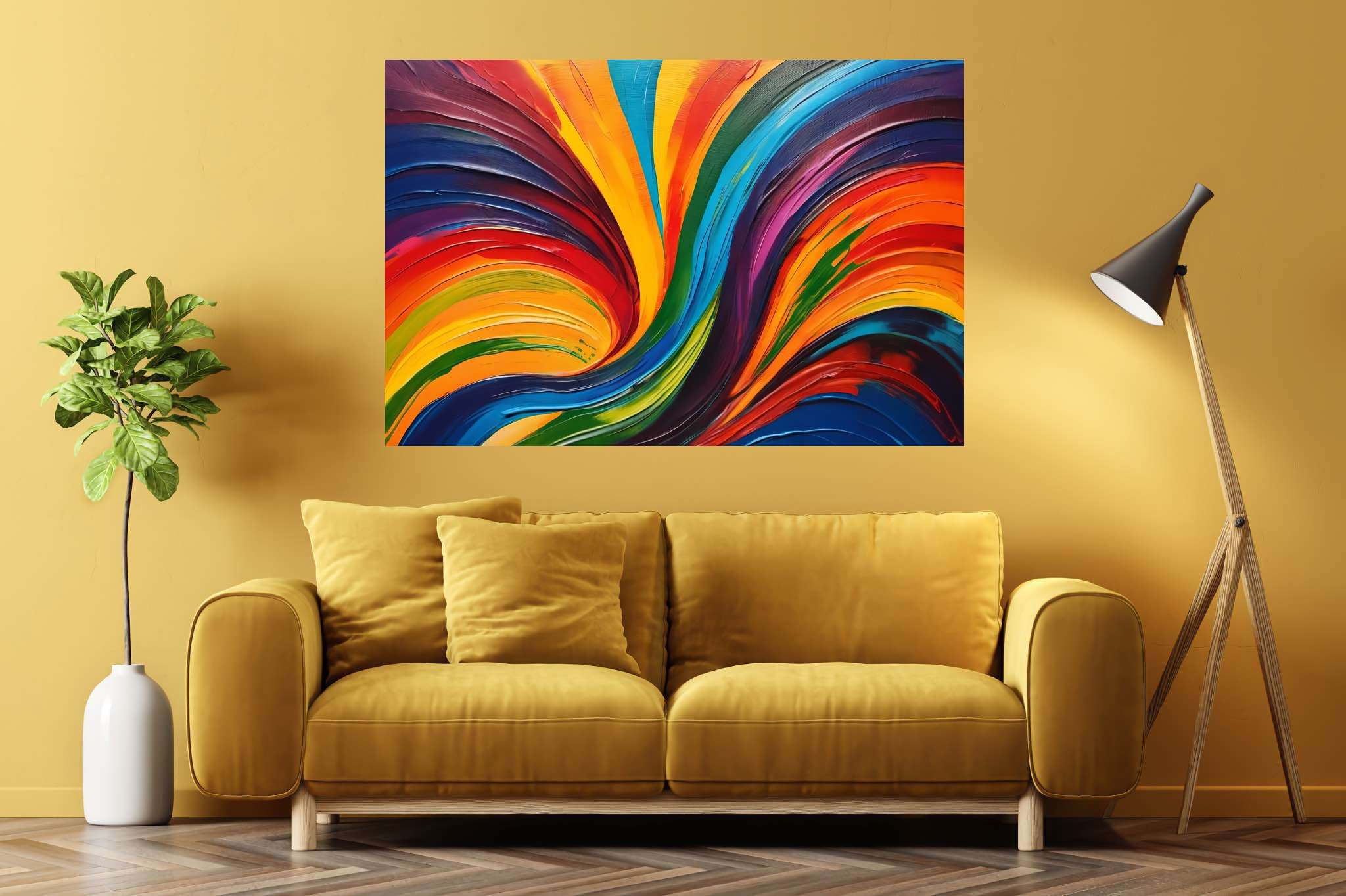 Chroma carousel: Vibrant art with vibrant abstract art, in a room with contemporary flair, wall art, and stylish accessories. The art can be printed on poster, framed poster, canvas, metal, acrylic or wood, exclusively at WallArtZen. Find this exact print at https://wallartzen.com/waz315