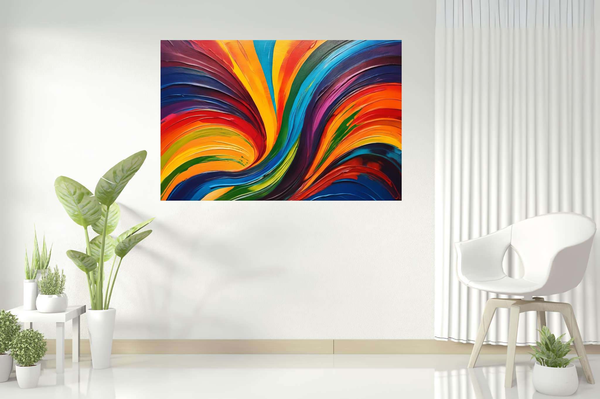 Chroma carousel: Vibrant art with vibrant mixed media art, in a room with innovative layout, wall hangings, and luxe decor. The art can be printed on poster, framed poster, canvas, metal, acrylic or wood, exclusively at WallArtZen. Find this exact print at https://wallartzen.com/waz315
