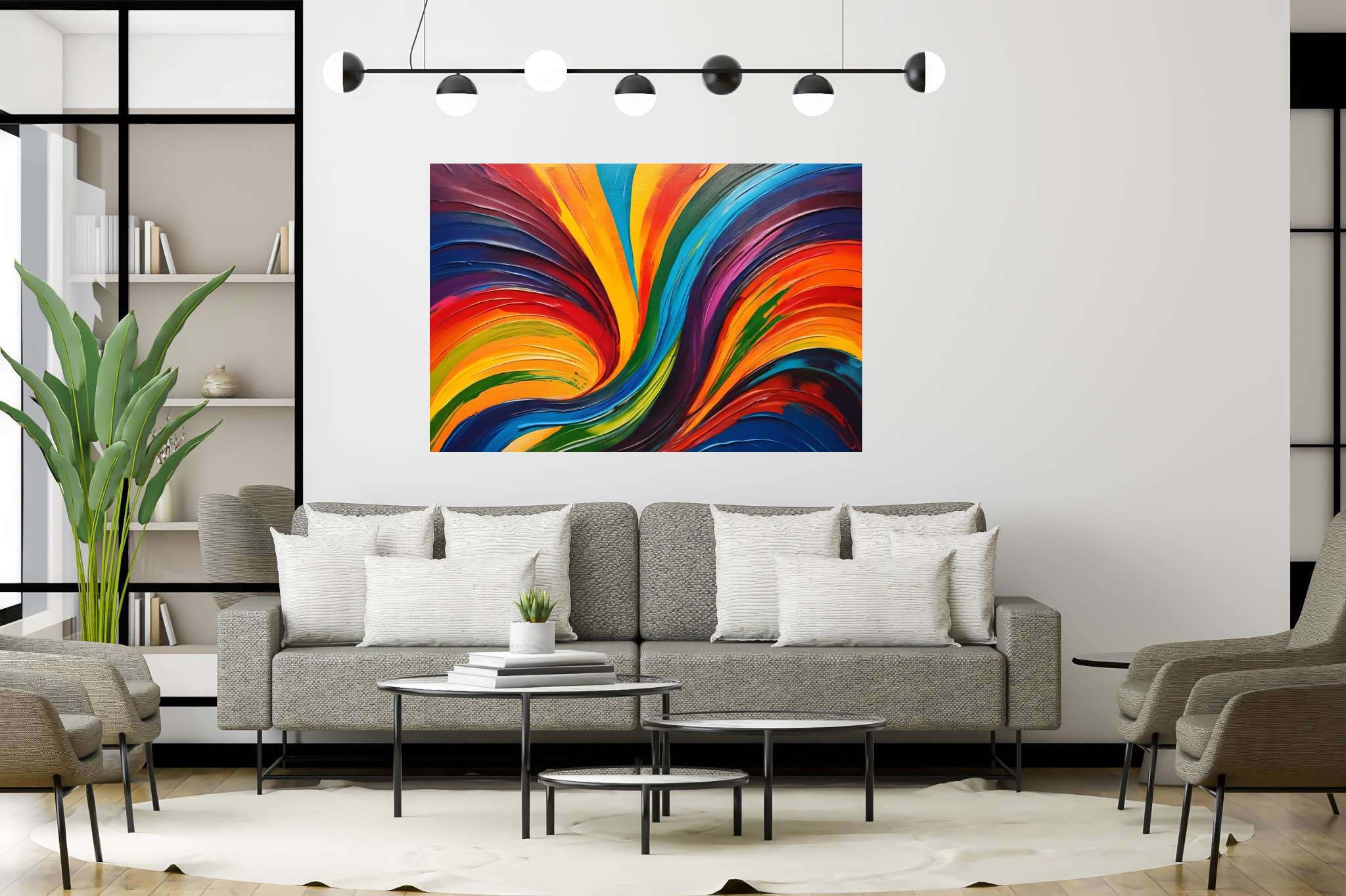 Chroma carousel: Vibrant art with lively paintings, in a room with great design, digital art pieces, and interior decorations. The art can be printed on poster, framed poster, canvas, metal, acrylic or wood, exclusively at WallArtZen. Find this exact print at https://wallartzen.com/waz315