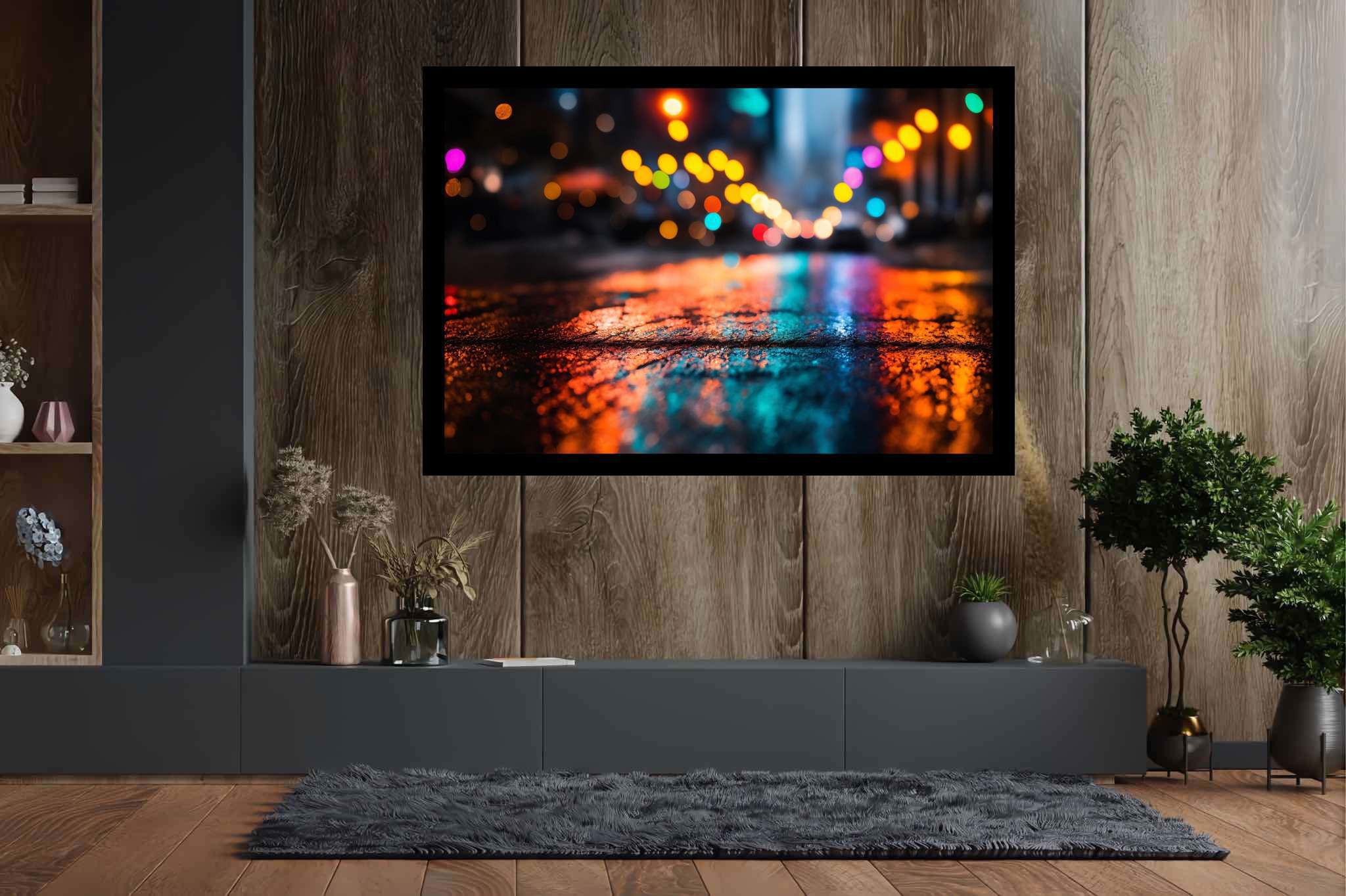 Urban nocturne serenade: Nighttime cityscape art with urban nighttime paintings, in a room with chic decor, photographic wall art, and designer furniture. The art can be printed on poster, framed poster, canvas, metal, acrylic or wood, exclusively at WallArtZen. Find this exact print at https://wallartzen.com/waz316