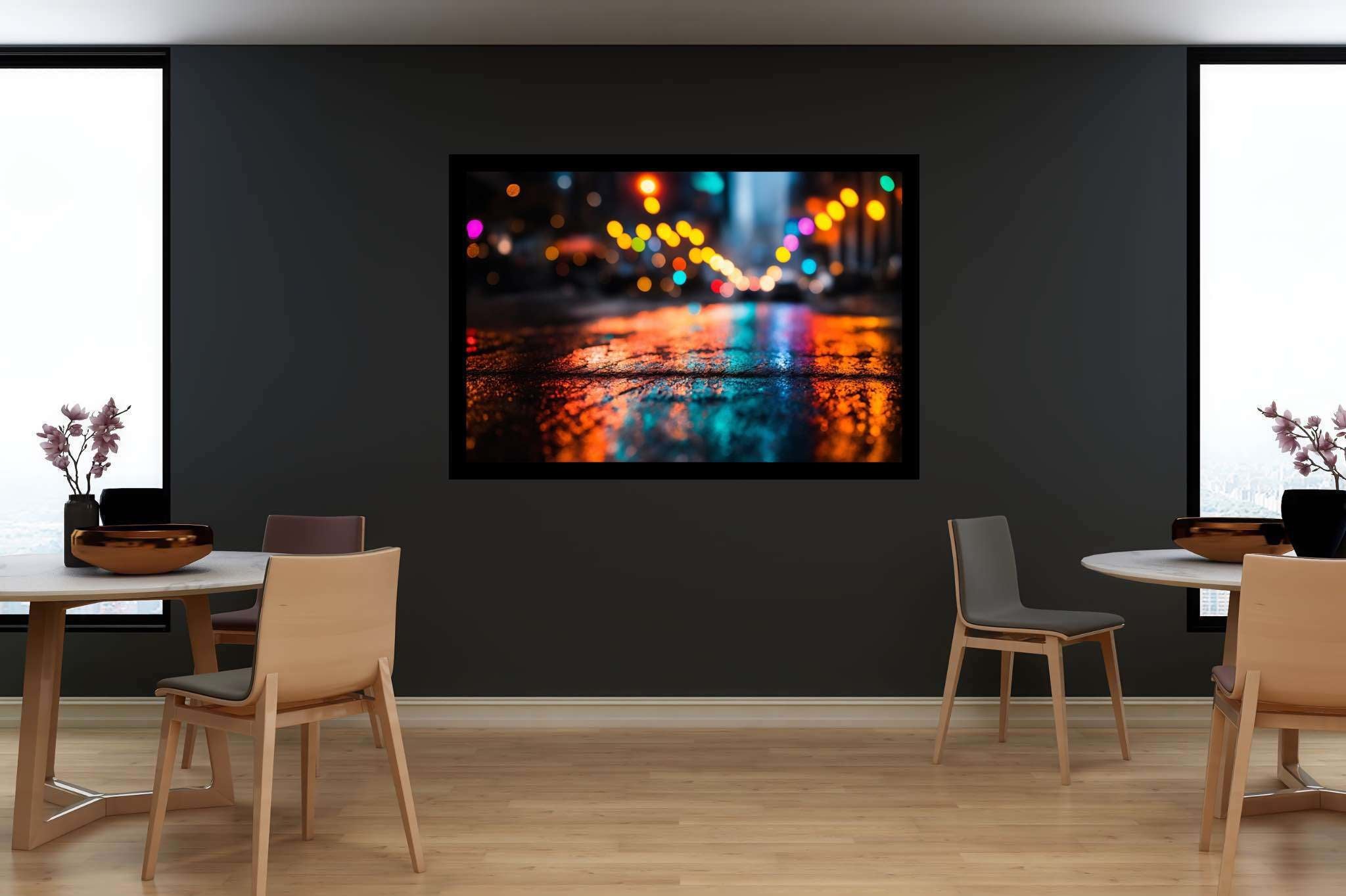 Urban nocturne serenade: Nighttime cityscape art with urban nightscapes, in a room with innovative layout, canvas prints, and designer furniture. The art can be printed on poster, framed poster, canvas, metal, acrylic or wood, exclusively at WallArtZen. Find this exact print at https://wallartzen.com/waz316