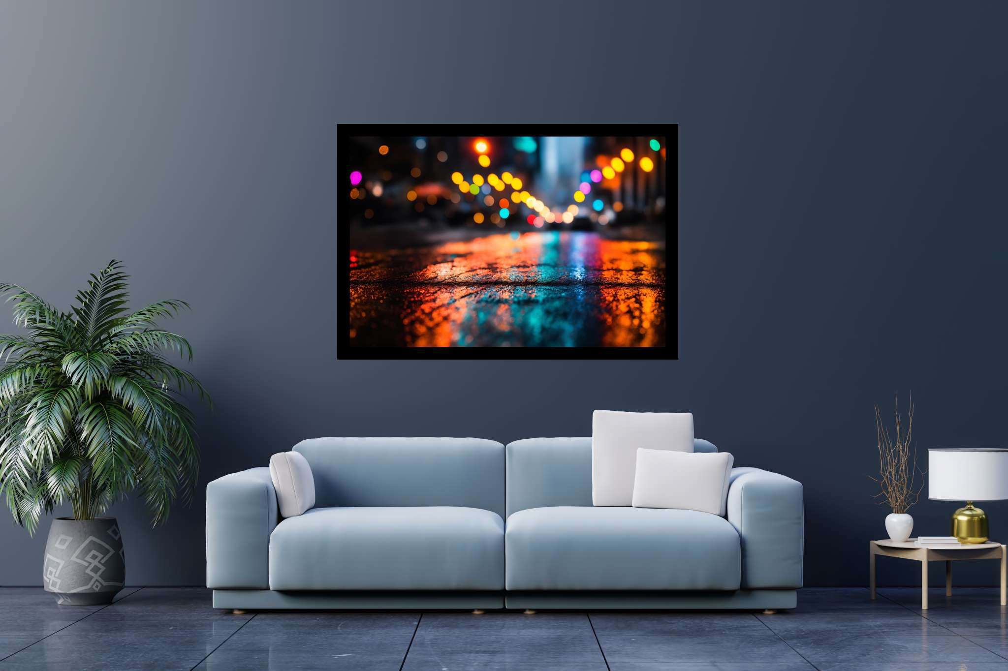Urban nocturne serenade: Nighttime cityscape art with urban night scenes, in a room with innovative layout, digital art pieces, and trendy home accents. The art can be printed on poster, framed poster, canvas, metal, acrylic or wood, exclusively at WallArtZen. Find this exact print at https://wallartzen.com/waz316