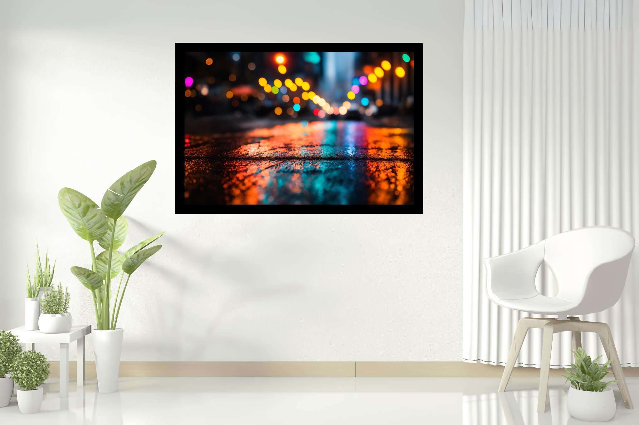 Urban nocturne serenade: Nighttime cityscape art with dark cityscapes, in a room with elegant layout, digital art pieces, and home styling items. The art can be printed on poster, framed poster, canvas, metal, acrylic or wood, exclusively at WallArtZen. Find this exact print at https://wallartzen.com/waz316
