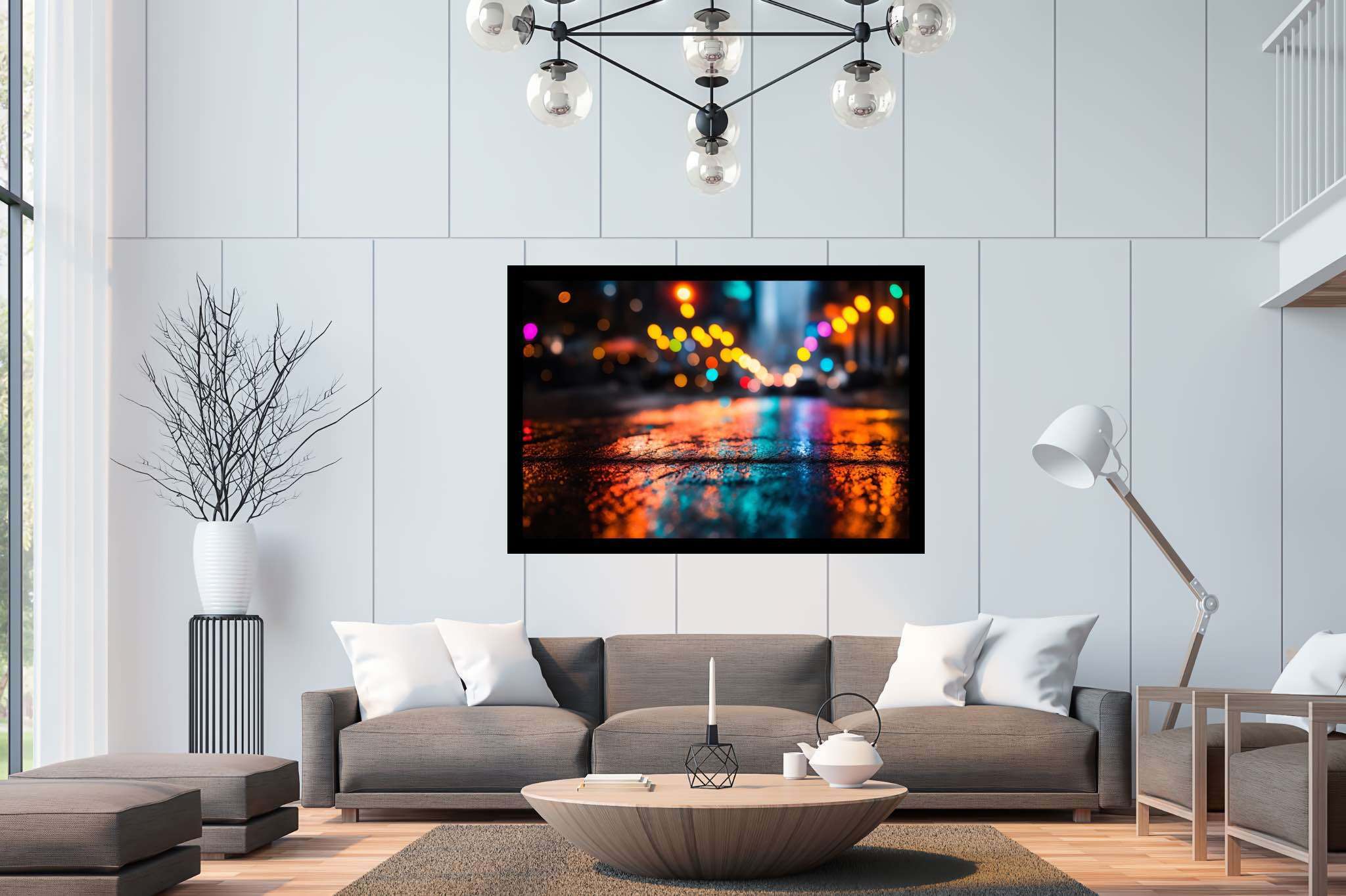 Urban nocturne serenade: Nighttime cityscape art with city at night artwork, in a room with minimalist approach, bespoke art designs, and luxe decor. The art can be printed on poster, framed poster, canvas, metal, acrylic or wood, exclusively at WallArtZen. Find this exact print at https://wallartzen.com/waz316