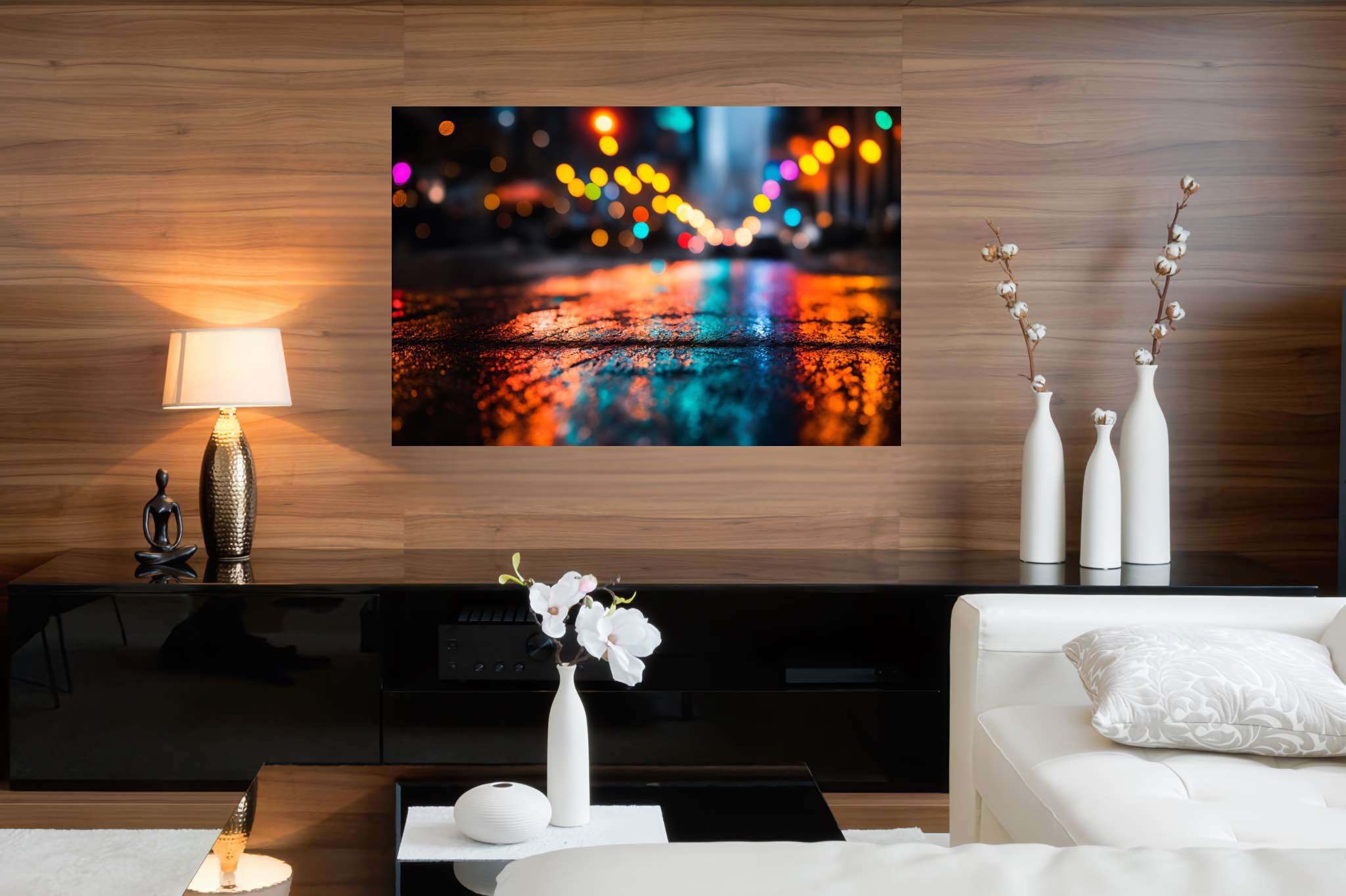 Urban nocturne serenade: Nighttime cityscape art with cityscape artwork, in a room with elegant layout, digital art pieces, and stylish accessories. The art can be printed on poster, framed poster, canvas, metal, acrylic or wood, exclusively at WallArtZen. Find this exact print at https://wallartzen.com/waz316