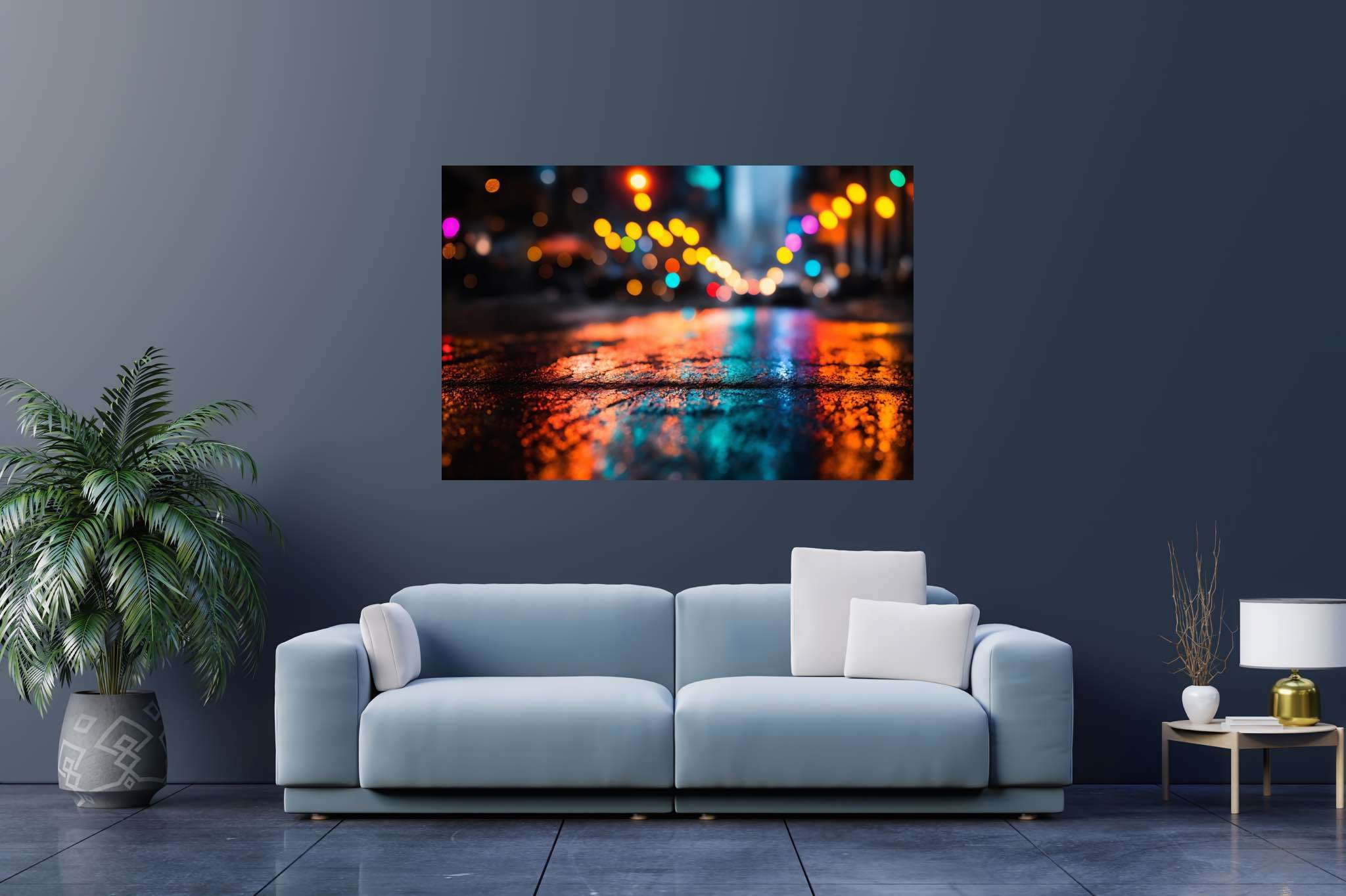 Urban nocturne serenade: Nighttime cityscape art with cityscape artwork, in a room with innovative layout, mural artworks, and decorative pieces. The art can be printed on poster, framed poster, canvas, metal, acrylic or wood, exclusively at WallArtZen. Find this exact print at https://wallartzen.com/waz316