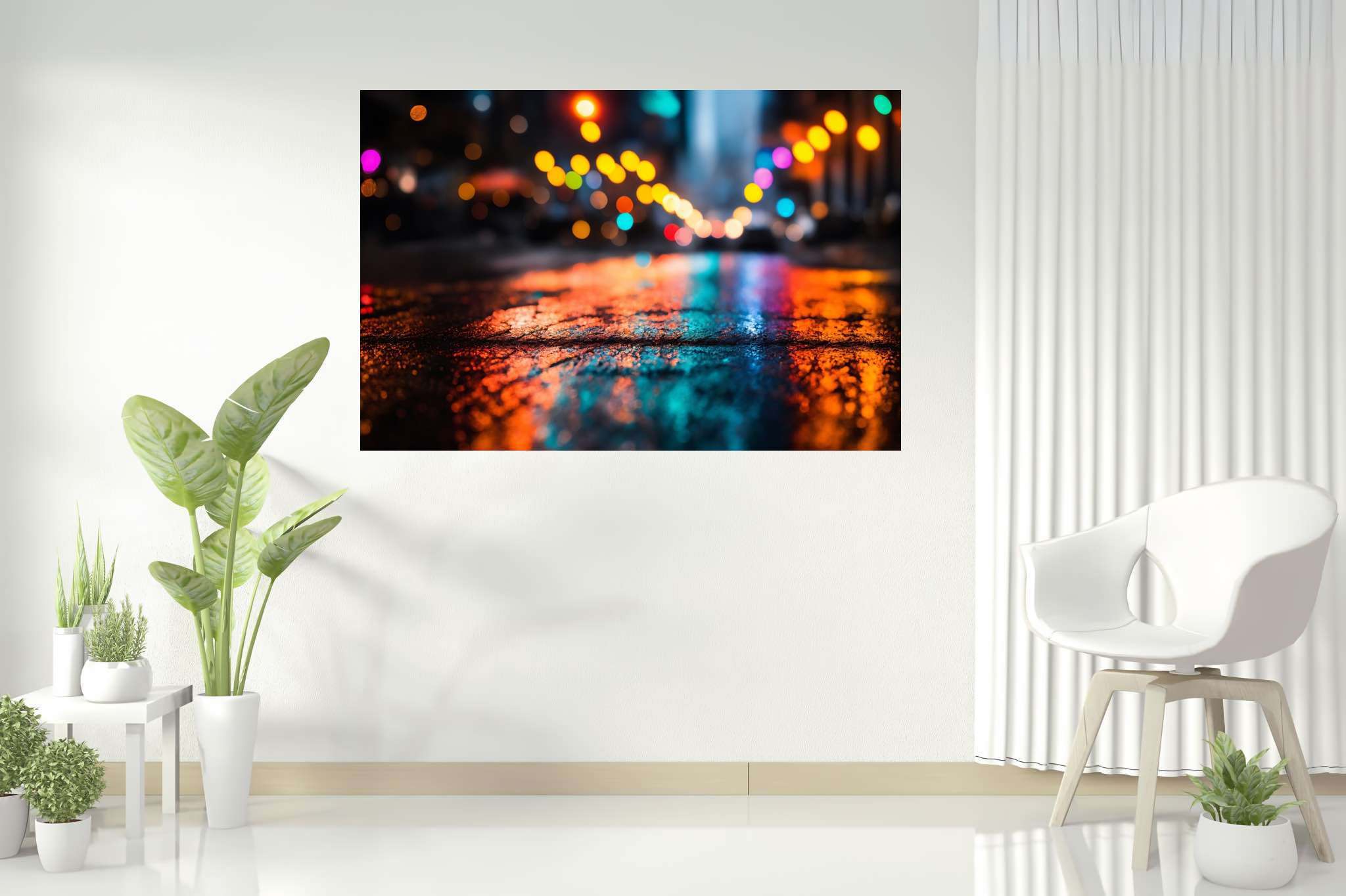 Urban nocturne serenade: Nighttime cityscape art with urban night scenes, in a room with chic decor, canvas prints, and designer furniture. The art can be printed on poster, framed poster, canvas, metal, acrylic or wood, exclusively at WallArtZen. Find this exact print at https://wallartzen.com/waz316