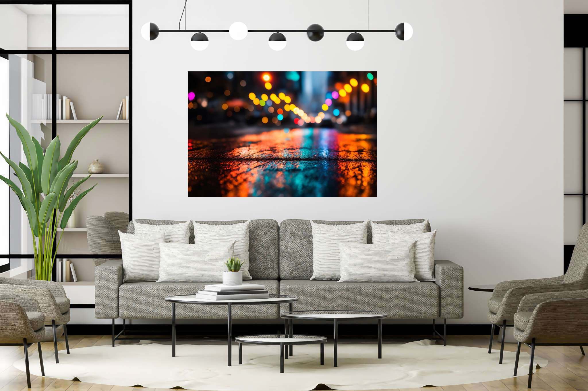 Urban nocturne serenade: Nighttime cityscape art with dark cityscapes, in a room with innovative layout, canvas prints, and artisan decor. The art can be printed on poster, framed poster, canvas, metal, acrylic or wood, exclusively at WallArtZen. Find this exact print at https://wallartzen.com/waz316