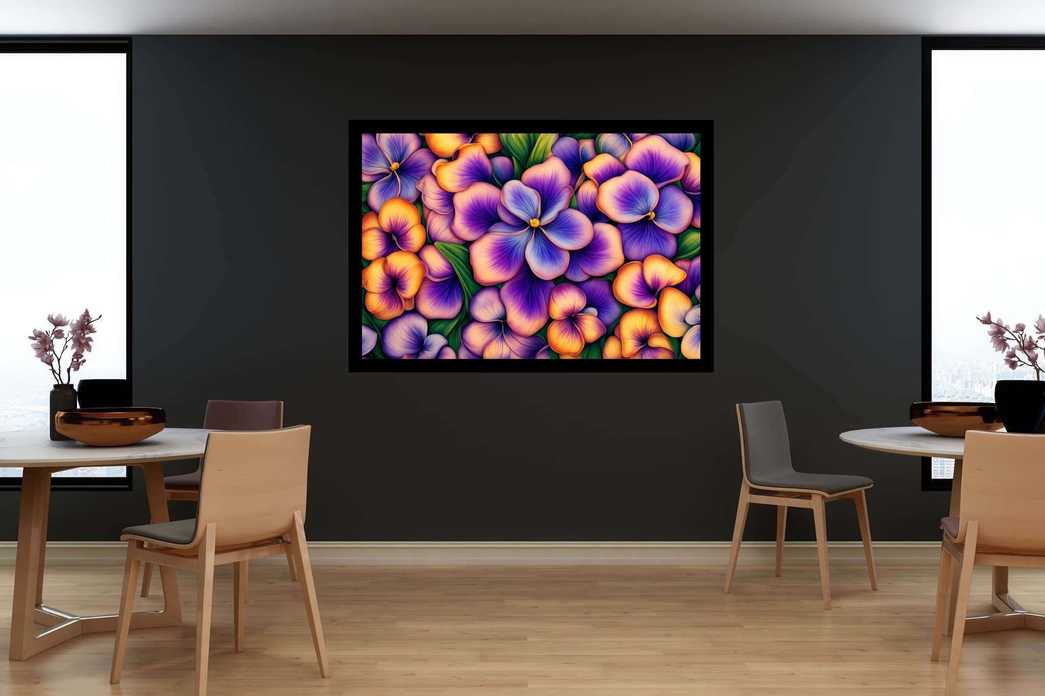 Bloom symphony serenade: Vibrant flower garden art with vivid floral illustrations, in a room with elegant layout, wall art, and trendy home accents. The art can be printed on poster, framed poster, canvas, metal, acrylic or wood, exclusively at WallArtZen. Find this exact print at https://wallartzen.com/waz317
