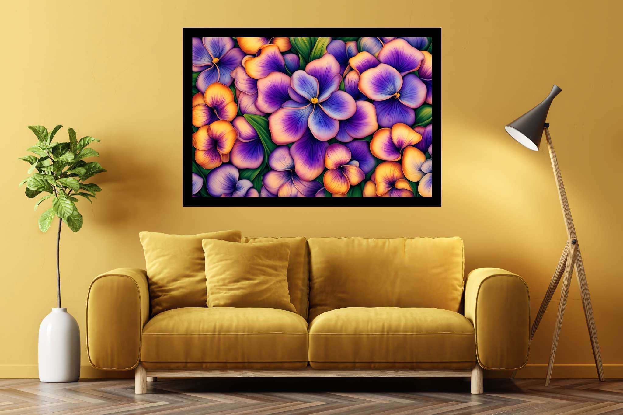Bloom symphony serenade: Vibrant flower garden art with bright garden compositions, in a room with chic decor, photographic wall art, and stylish accessories. The art can be printed on poster, framed poster, canvas, metal, acrylic or wood, exclusively at WallArtZen. Find this exact print at https://wallartzen.com/waz317