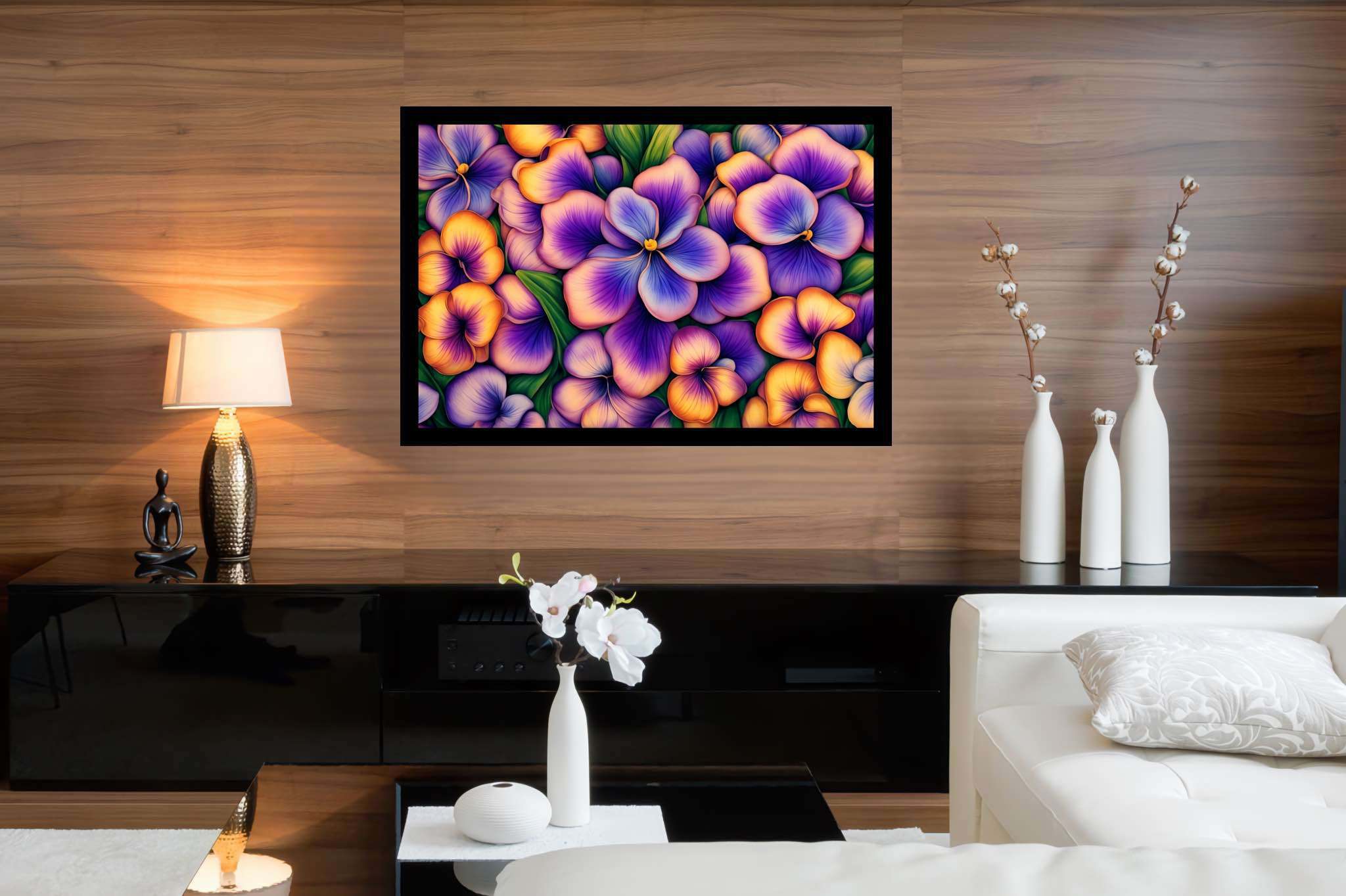 Bloom symphony serenade: Vibrant flower garden art with bright garden compositions, in a room with innovative layout, canvas prints, and artisan decor. The art can be printed on poster, framed poster, canvas, metal, acrylic or wood, exclusively at WallArtZen. Find this exact print at https://wallartzen.com/waz317