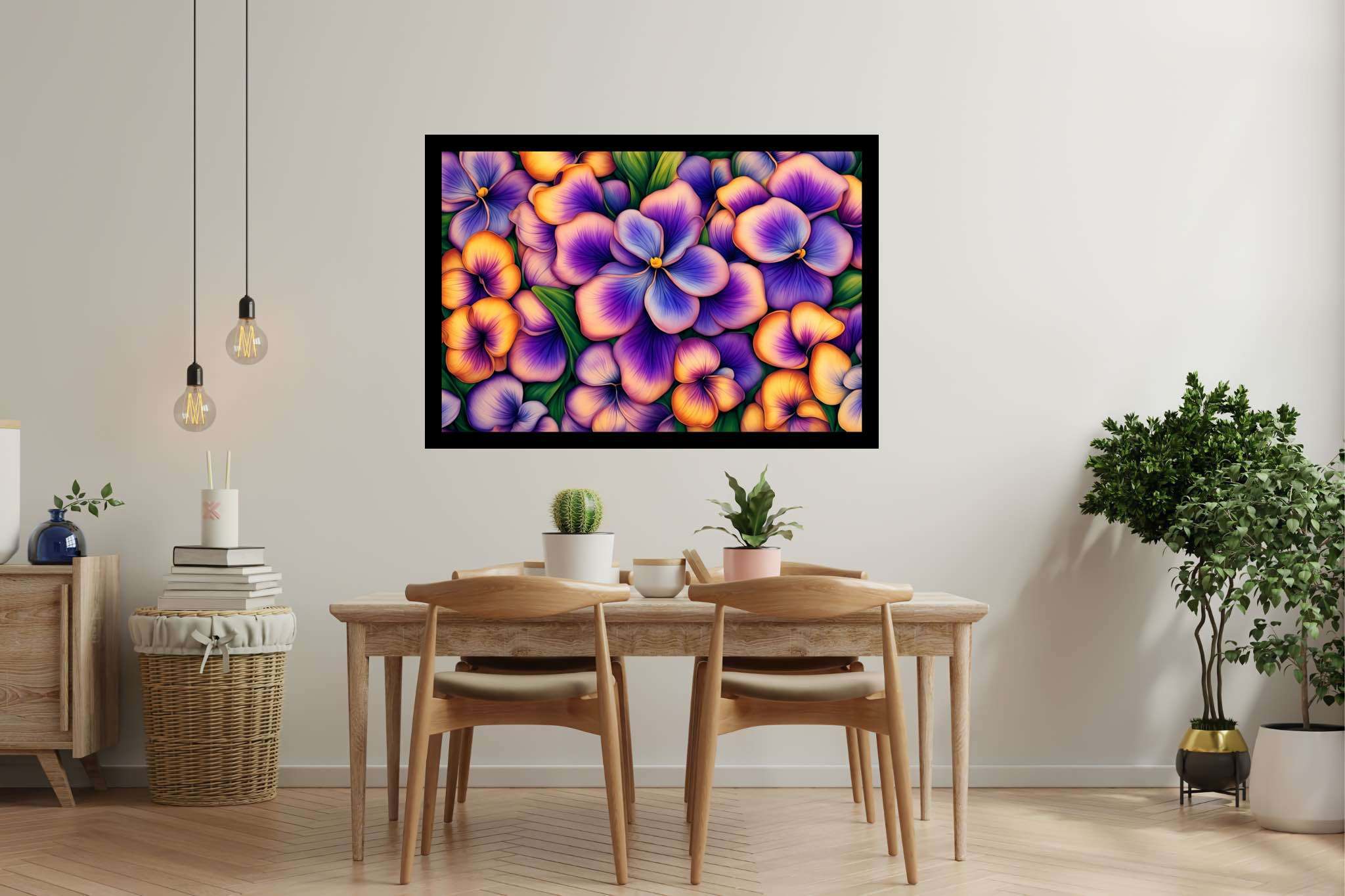 Bloom symphony serenade: Vibrant flower garden art with vibrant flower canvases, in a room with chic decor, wall hangings, and artisan decor. The art can be printed on poster, framed poster, canvas, metal, acrylic or wood, exclusively at WallArtZen. Find this exact print at https://wallartzen.com/waz317