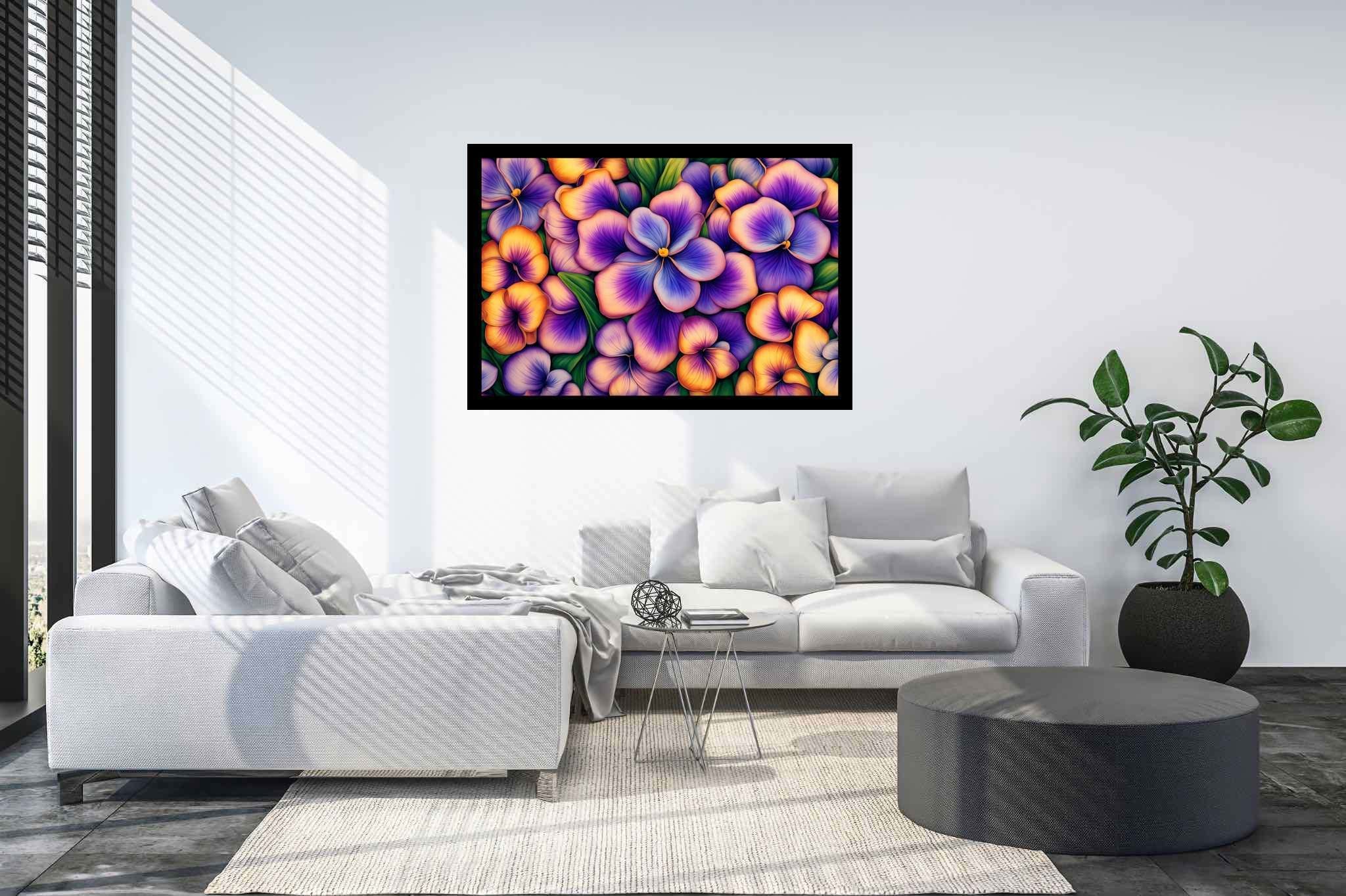 Bloom symphony serenade: Vibrant flower garden art with vibrant floral artwork, in a room with minimalist approach, canvas prints, and decorative pieces. The art can be printed on poster, framed poster, canvas, metal, acrylic or wood, exclusively at WallArtZen. Find this exact print at https://wallartzen.com/waz317