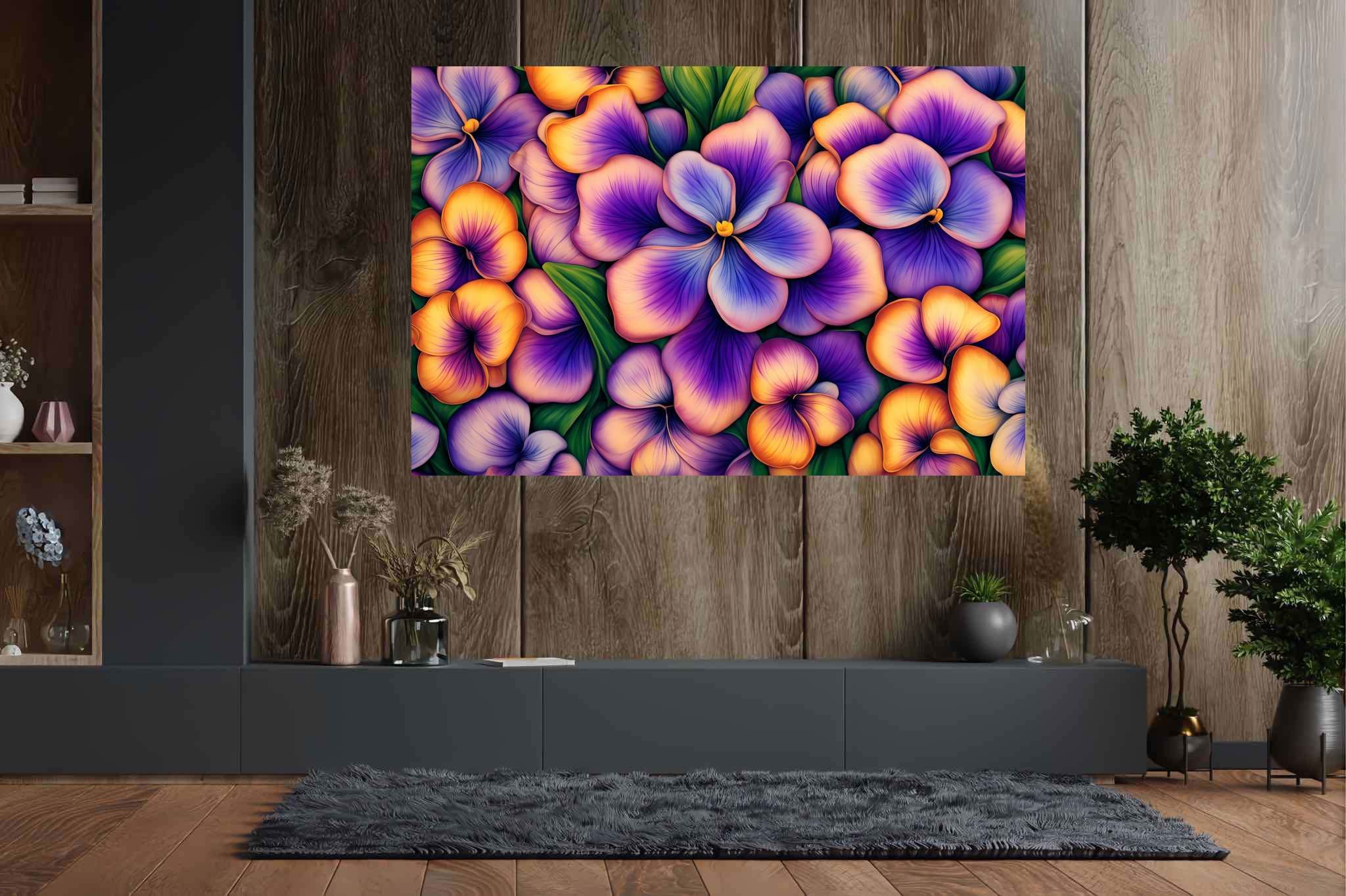 Bloom symphony serenade: Vibrant flower garden art with vibrant flower canvases, in a room with innovative layout, wall art, and stylish accessories. The art can be printed on poster, framed poster, canvas, metal, acrylic or wood, exclusively at WallArtZen. Find this exact print at https://wallartzen.com/waz317