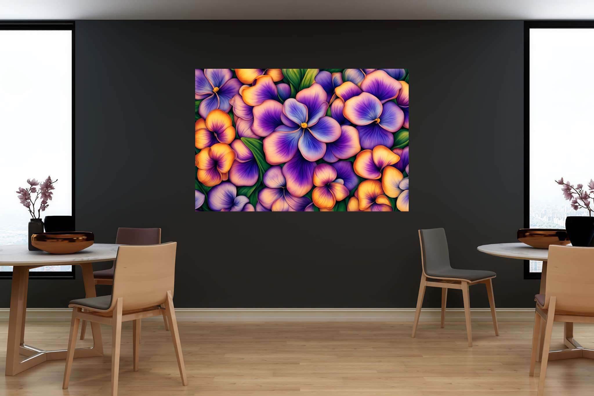Bloom symphony serenade: Vibrant flower garden art with lively flower arrangements, in a room with elegant layout, gallery-quality artwork, and designer furniture. The art can be printed on poster, framed poster, canvas, metal, acrylic or wood, exclusively at WallArtZen. Find this exact print at https://wallartzen.com/waz317