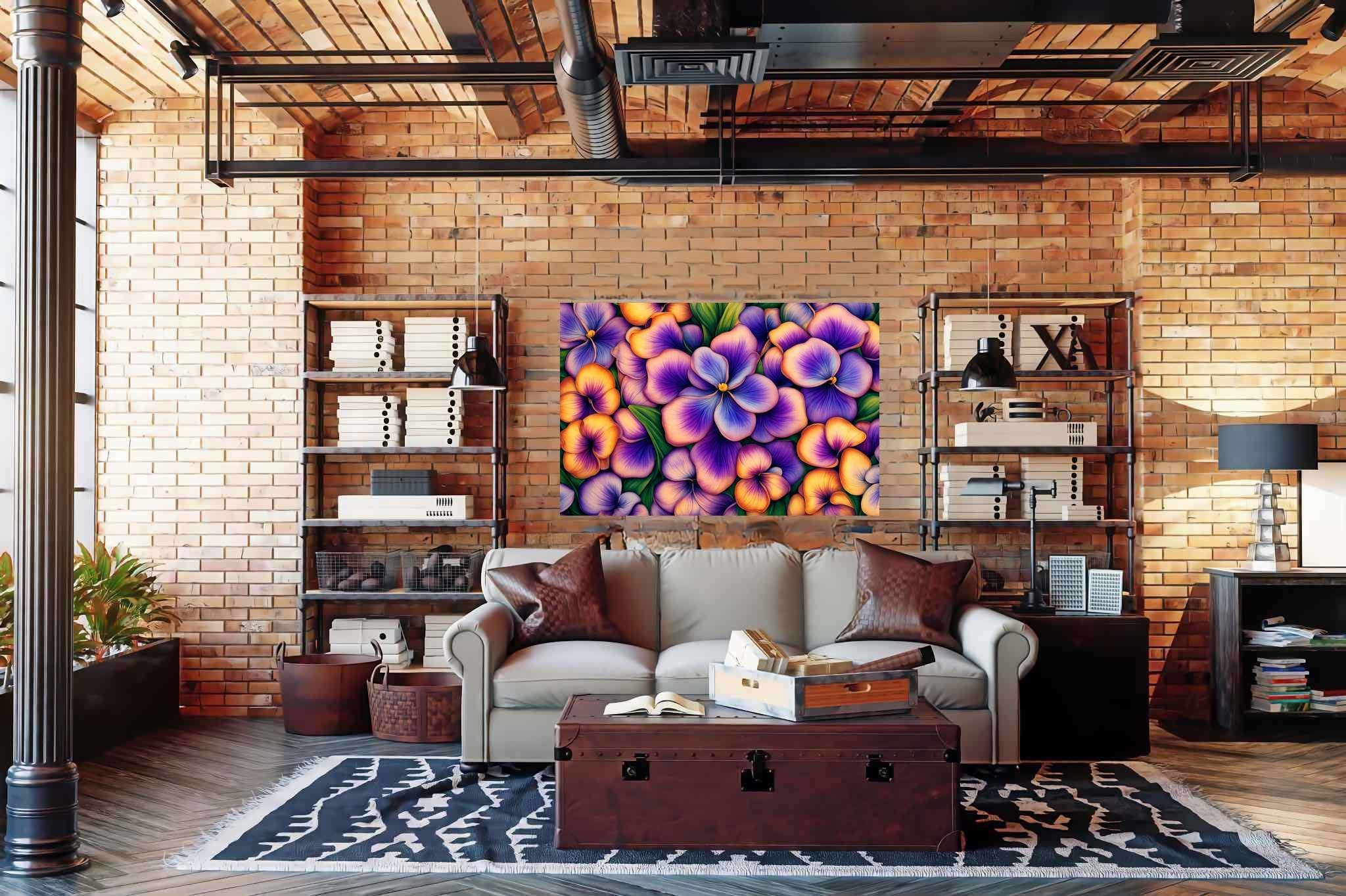 Bloom symphony serenade: Vibrant flower garden art with vibrant flower garden art, in a room with urban design, abstract paintings, and designer furniture. The art can be printed on poster, framed poster, canvas, metal, acrylic or wood, exclusively at WallArtZen. Find this exact print at https://wallartzen.com/waz317