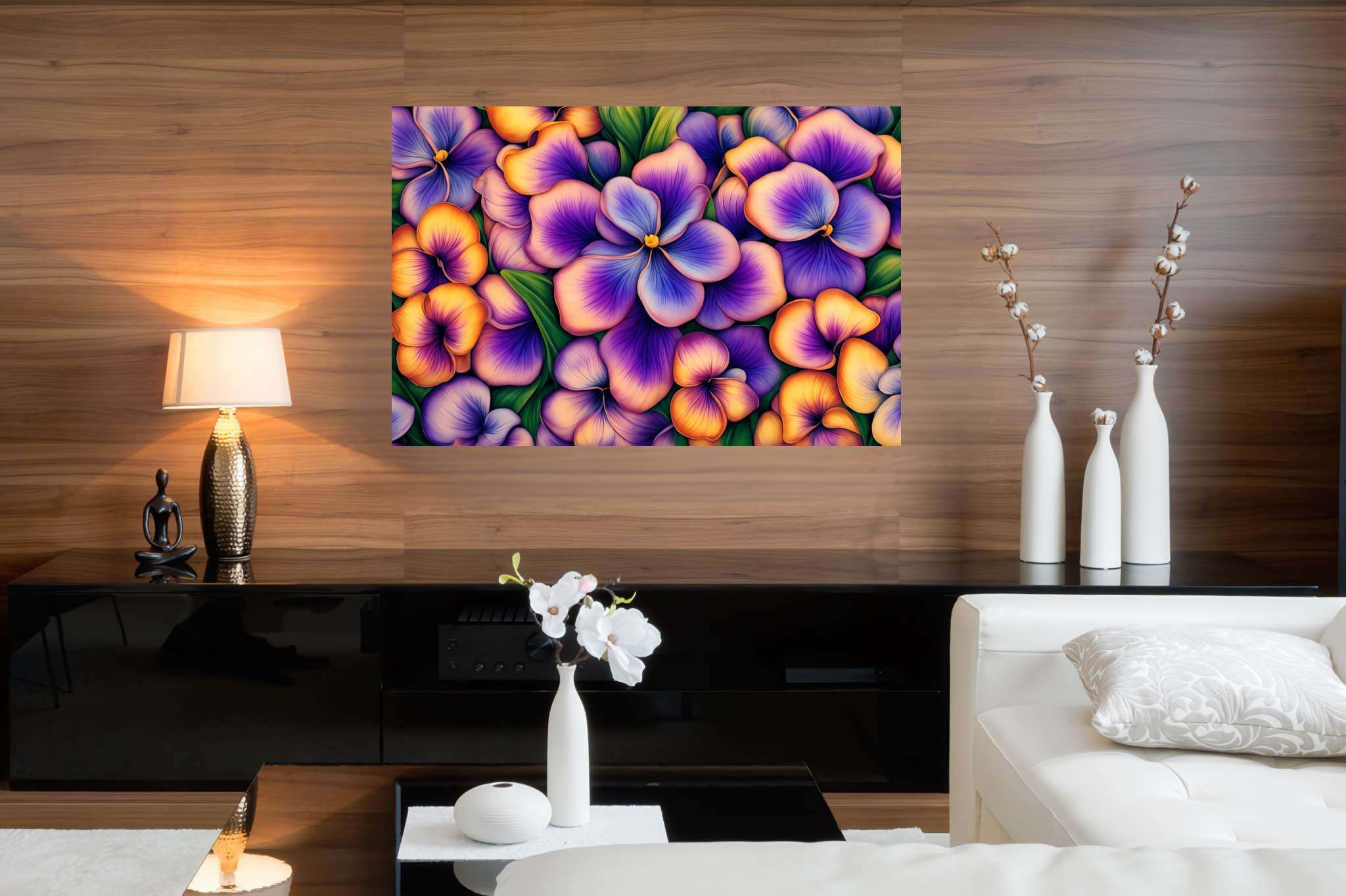 Bloom symphony serenade: Vibrant flower garden art with colorful floral paintings, in a room with great design, wall hangings, and designer furniture. The art can be printed on poster, framed poster, canvas, metal, acrylic or wood, exclusively at WallArtZen. Find this exact print at https://wallartzen.com/waz317