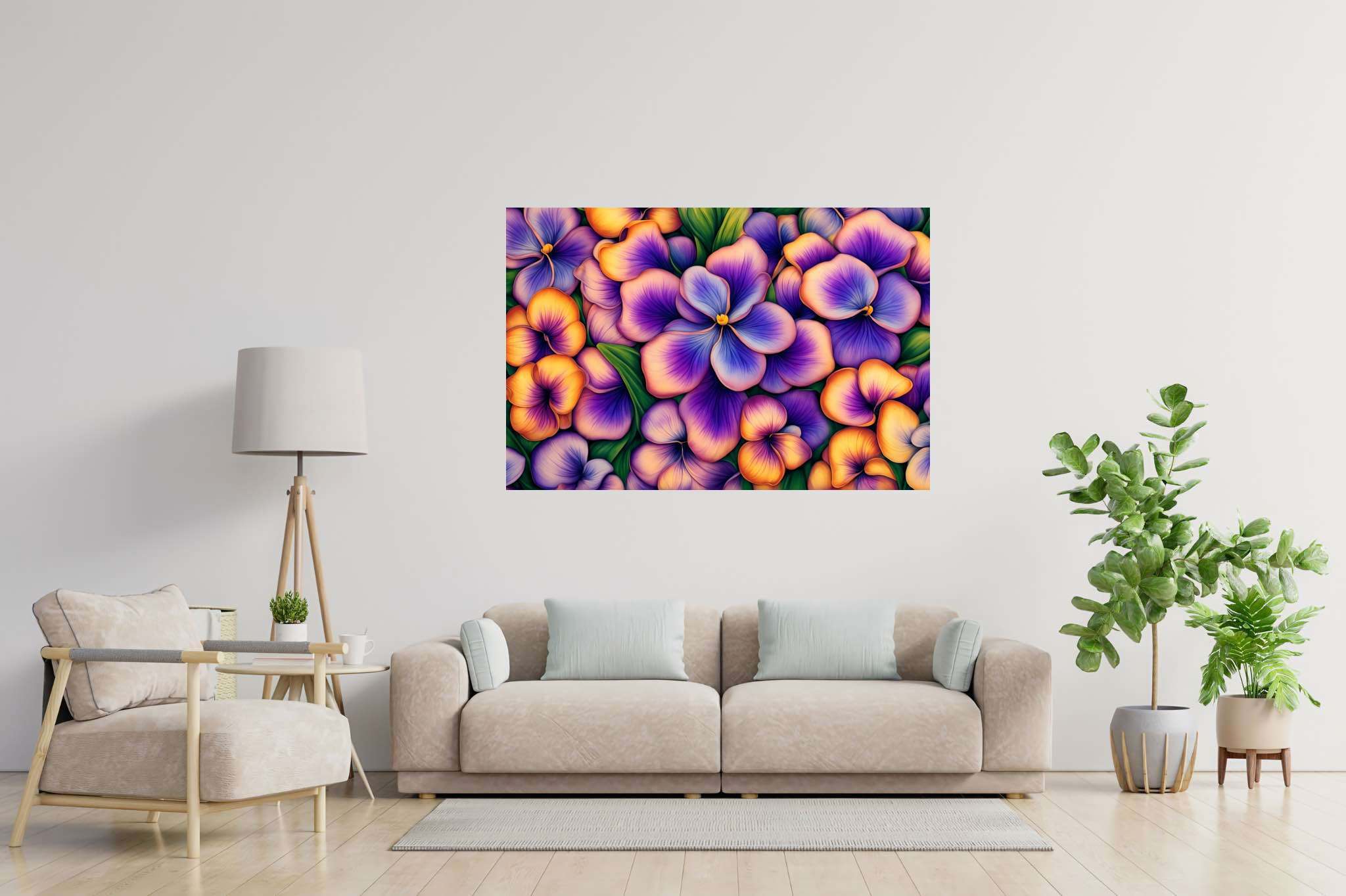Bloom symphony serenade: Vibrant flower garden art with animated flower garden art, in a room with artistic style, abstract paintings, and home furnishings. The art can be printed on poster, framed poster, canvas, metal, acrylic or wood, exclusively at WallArtZen. Find this exact print at https://wallartzen.com/waz317