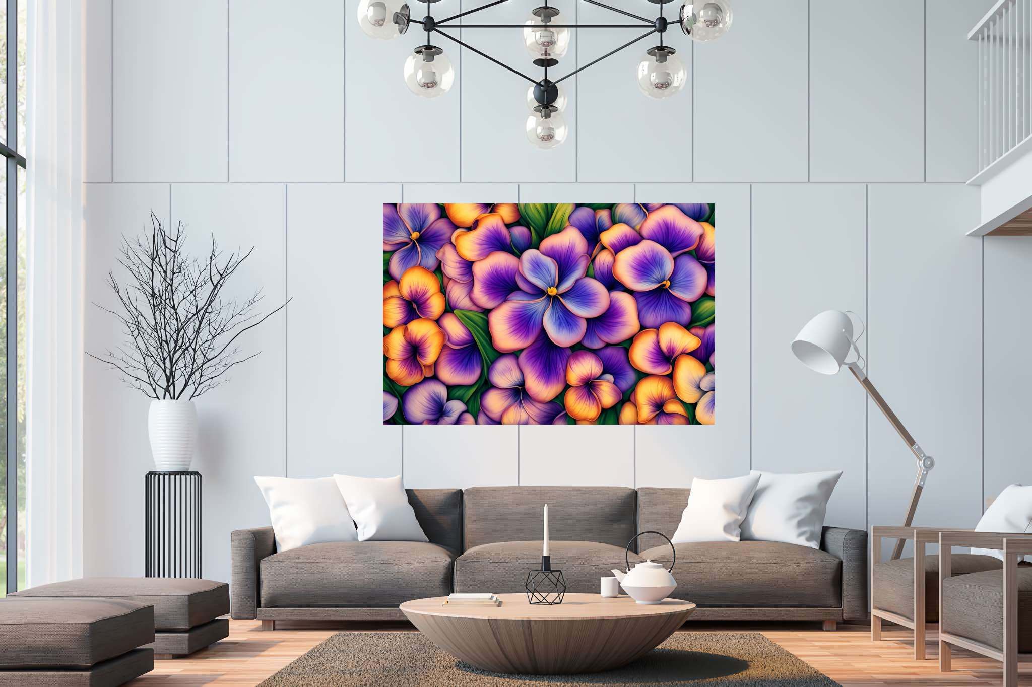Bloom symphony serenade: Vibrant flower garden art with blooming garden artwork, in a room with modern style, bespoke art designs, and designer furniture. The art can be printed on poster, framed poster, canvas, metal, acrylic or wood, exclusively at WallArtZen. Find this exact print at https://wallartzen.com/waz317