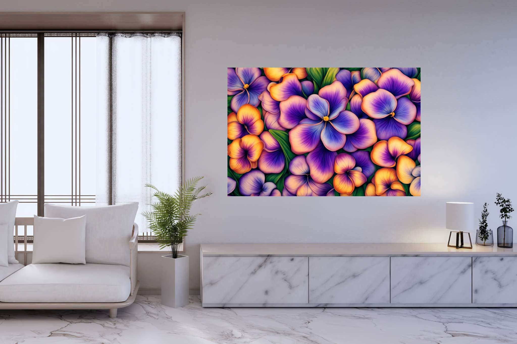 Bloom symphony serenade: Vibrant flower garden art with animated flower garden art, in a room with chic decor, digital art pieces, and elegant home goods. The art can be printed on poster, framed poster, canvas, metal, acrylic or wood, exclusively at WallArtZen. Find this exact print at https://wallartzen.com/waz317