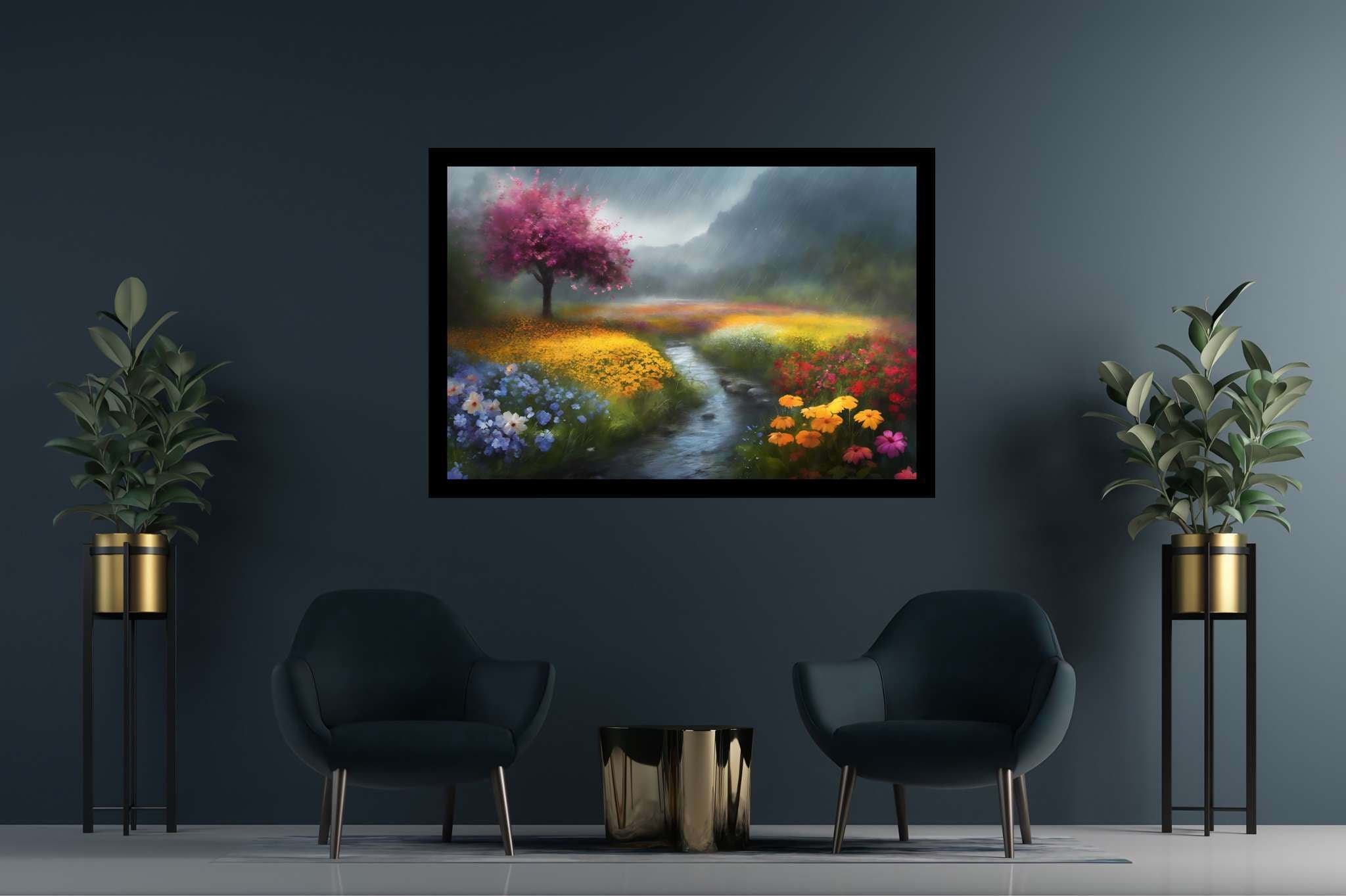 Serenity's palette embrace: Landscape art with scenic beauty, in a room with innovative layout, fine art prints, and elegant home goods. The art can be printed on poster, framed poster, canvas, metal, acrylic or wood, exclusively at WallArtZen. Find this exact print at https://wallartzen.com/waz318