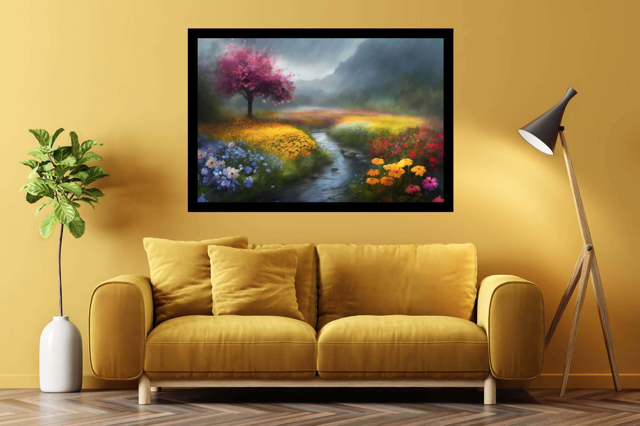 Serenity's palette embrace: Landscape art with scenic painting, in a room with innovative layout, framed art, and home styling items. The art can be printed on poster, framed poster, canvas, metal, acrylic or wood, exclusively at WallArtZen. Find this exact print at https://wallartzen.com/waz318