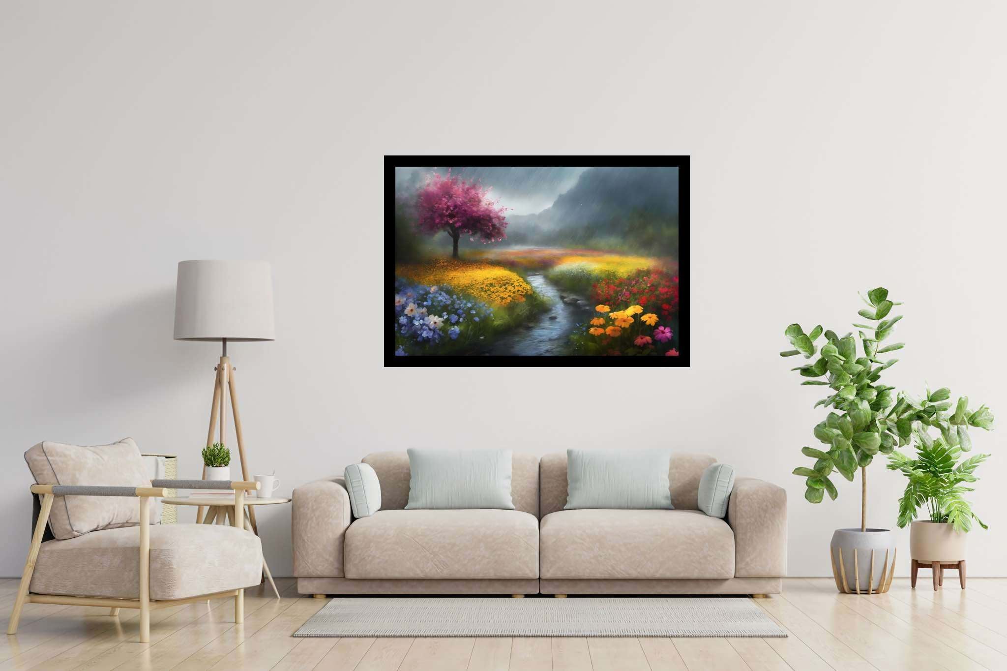 Serenity's palette embrace: Landscape art with scenic beauty, in a room with elegant layout, canvas prints, and decorative pieces. The art can be printed on poster, framed poster, canvas, metal, acrylic or wood, exclusively at WallArtZen. Find this exact print at https://wallartzen.com/waz318