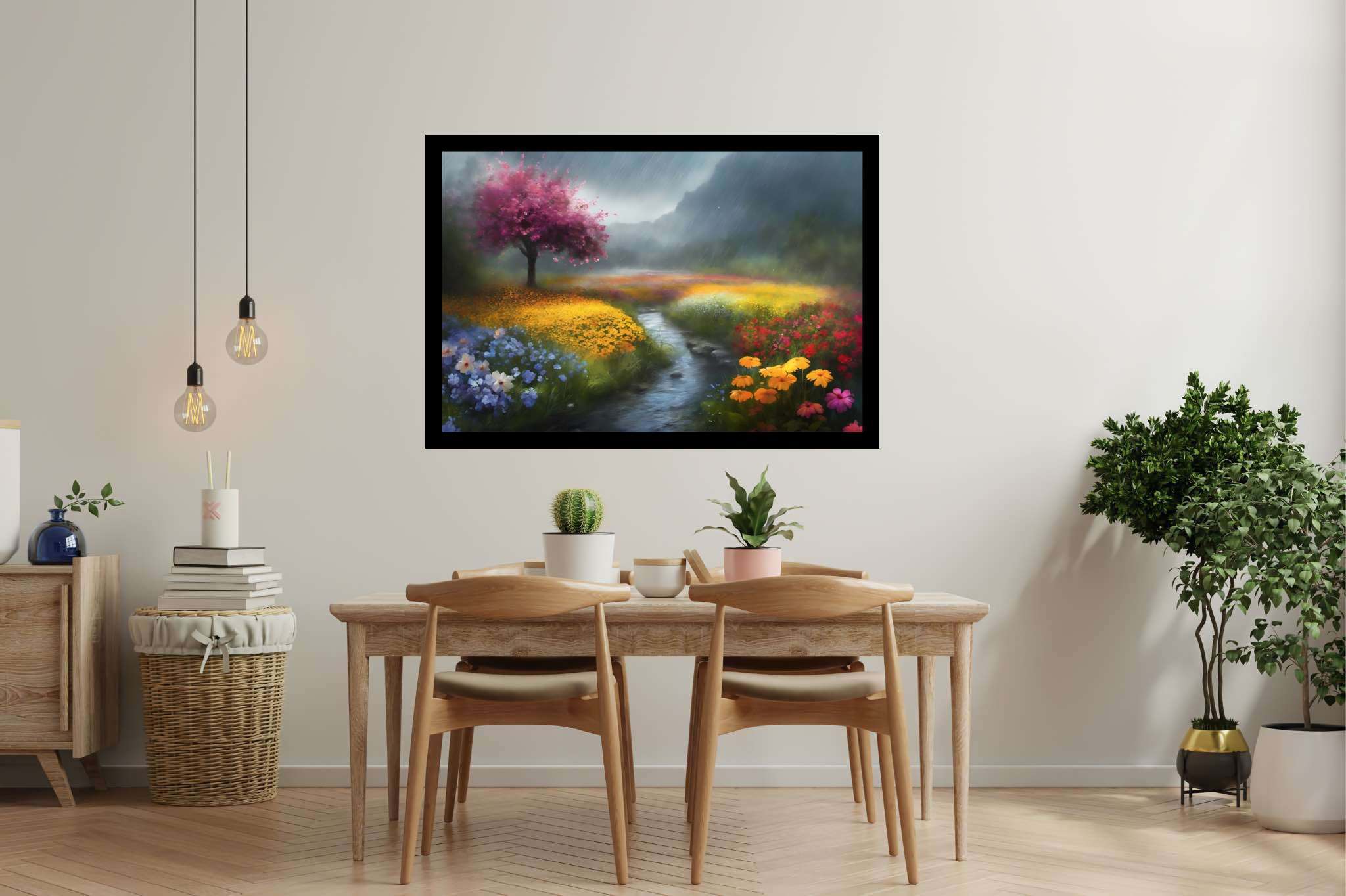 Serenity's palette embrace: Landscape art with natural views, in a room with innovative layout, framed art, and luxe decor. The art can be printed on poster, framed poster, canvas, metal, acrylic or wood, exclusively at WallArtZen. Find this exact print at https://wallartzen.com/waz318