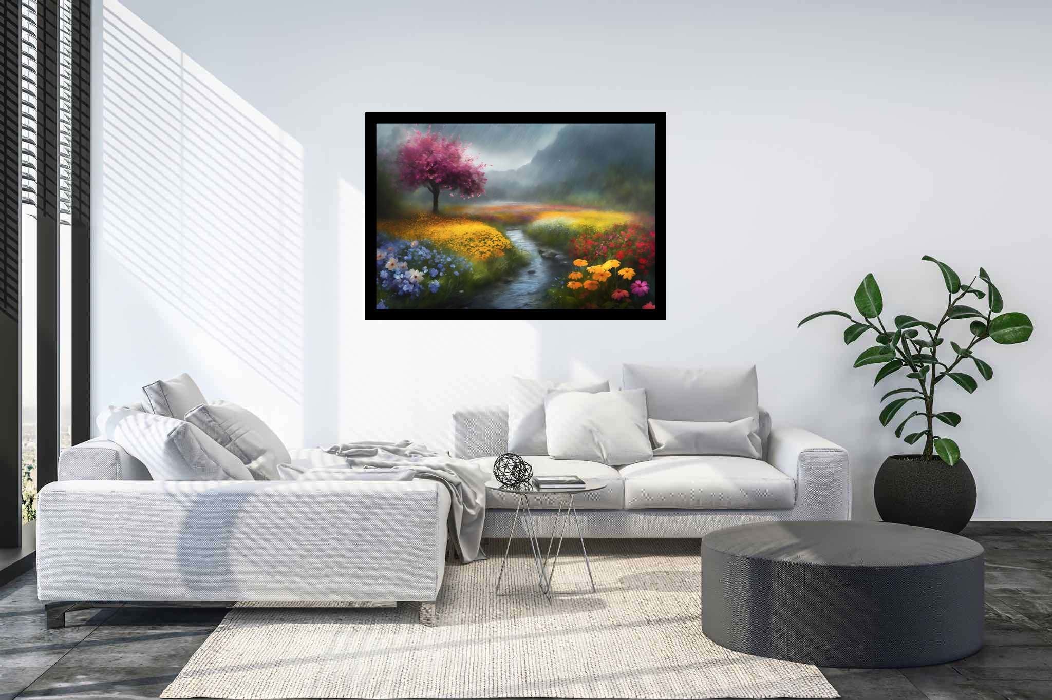 Serenity's palette embrace: Landscape art with outdoor artwork, in a room with elegant layout, wall art, and home furnishings. The art can be printed on poster, framed poster, canvas, metal, acrylic or wood, exclusively at WallArtZen. Find this exact print at https://wallartzen.com/waz318