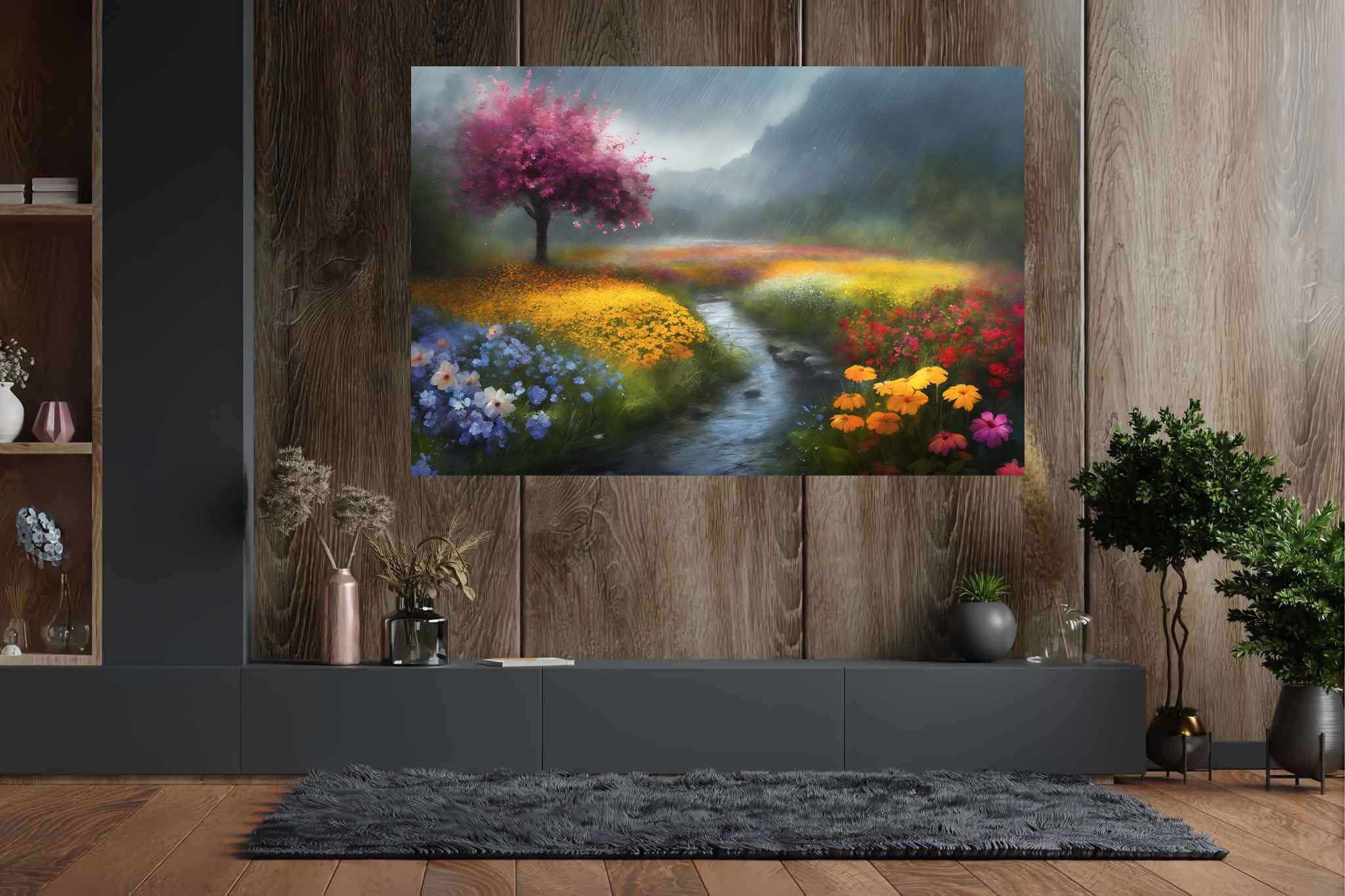 Serenity's palette embrace: Landscape art with picturesque landscapes, in a room with contemporary flair, canvas prints, and decorative pieces. The art can be printed on poster, framed poster, canvas, metal, acrylic or wood, exclusively at WallArtZen. Find this exact print at https://wallartzen.com/waz318