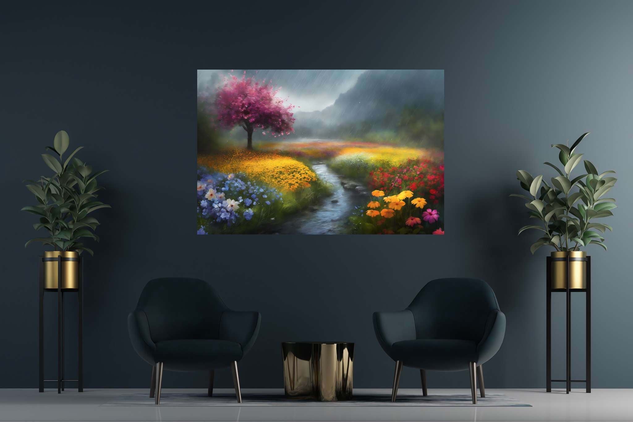 Serenity's palette embrace: Landscape art with nature scenery, in a room with innovative layout, framed art, and interior decorations. The art can be printed on poster, framed poster, canvas, metal, acrylic or wood, exclusively at WallArtZen. Find this exact print at https://wallartzen.com/waz318