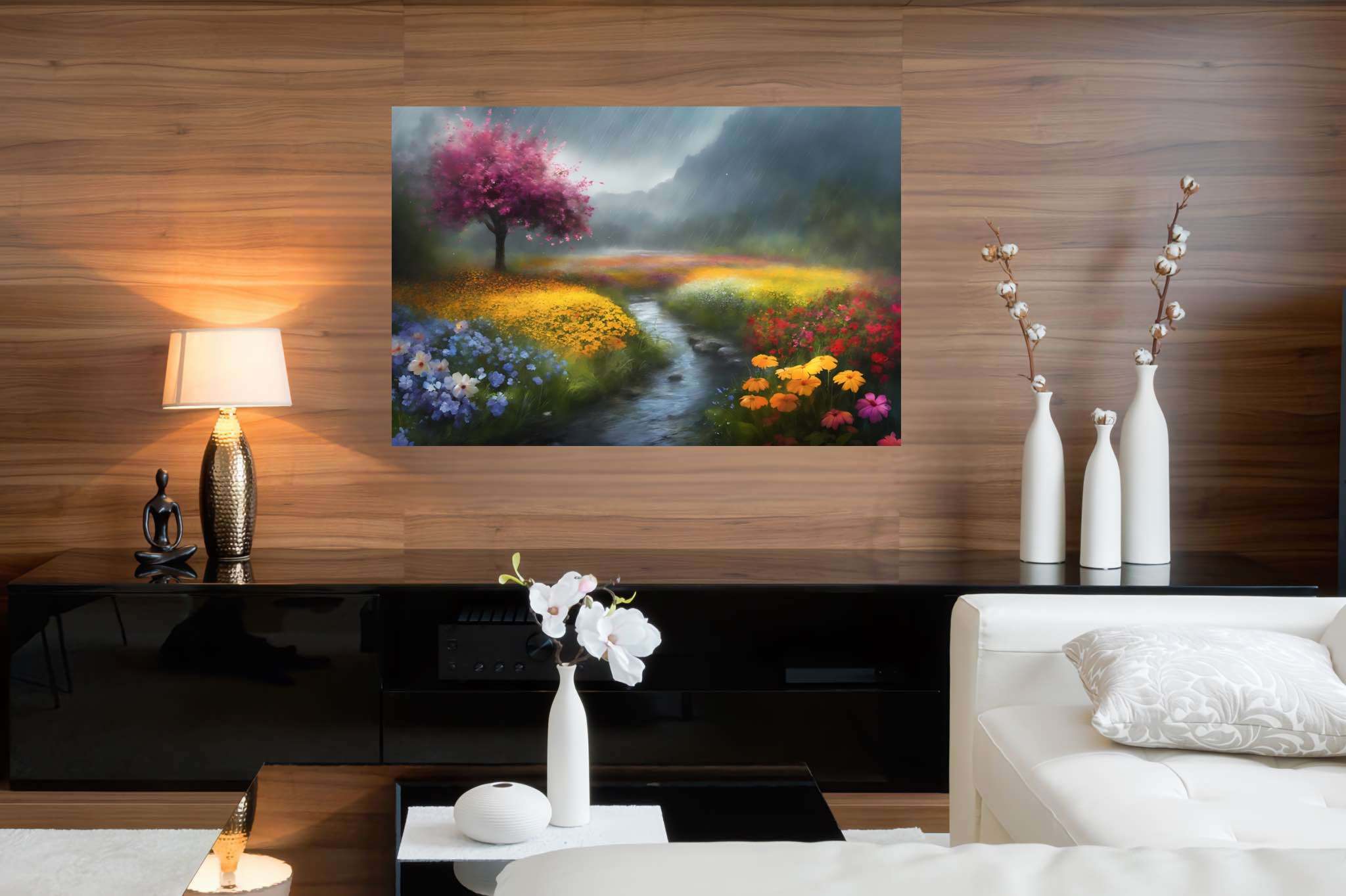 Serenity's palette embrace: Landscape art with landscape painting, in a room with urban design, framed art, and interior decorations. The art can be printed on poster, framed poster, canvas, metal, acrylic or wood, exclusively at WallArtZen. Find this exact print at https://wallartzen.com/waz318