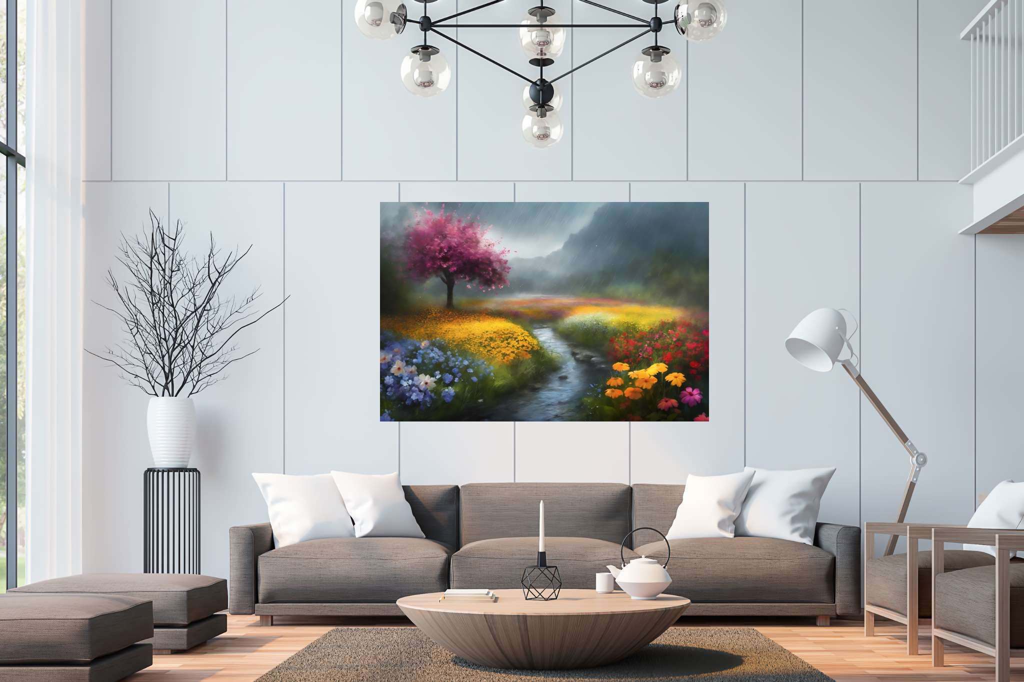 Serenity's palette embrace: Landscape art with stunning scenery, in a room with modern style, framed art, and designer furniture. The art can be printed on poster, framed poster, canvas, metal, acrylic or wood, exclusively at WallArtZen. Find this exact print at https://wallartzen.com/waz318