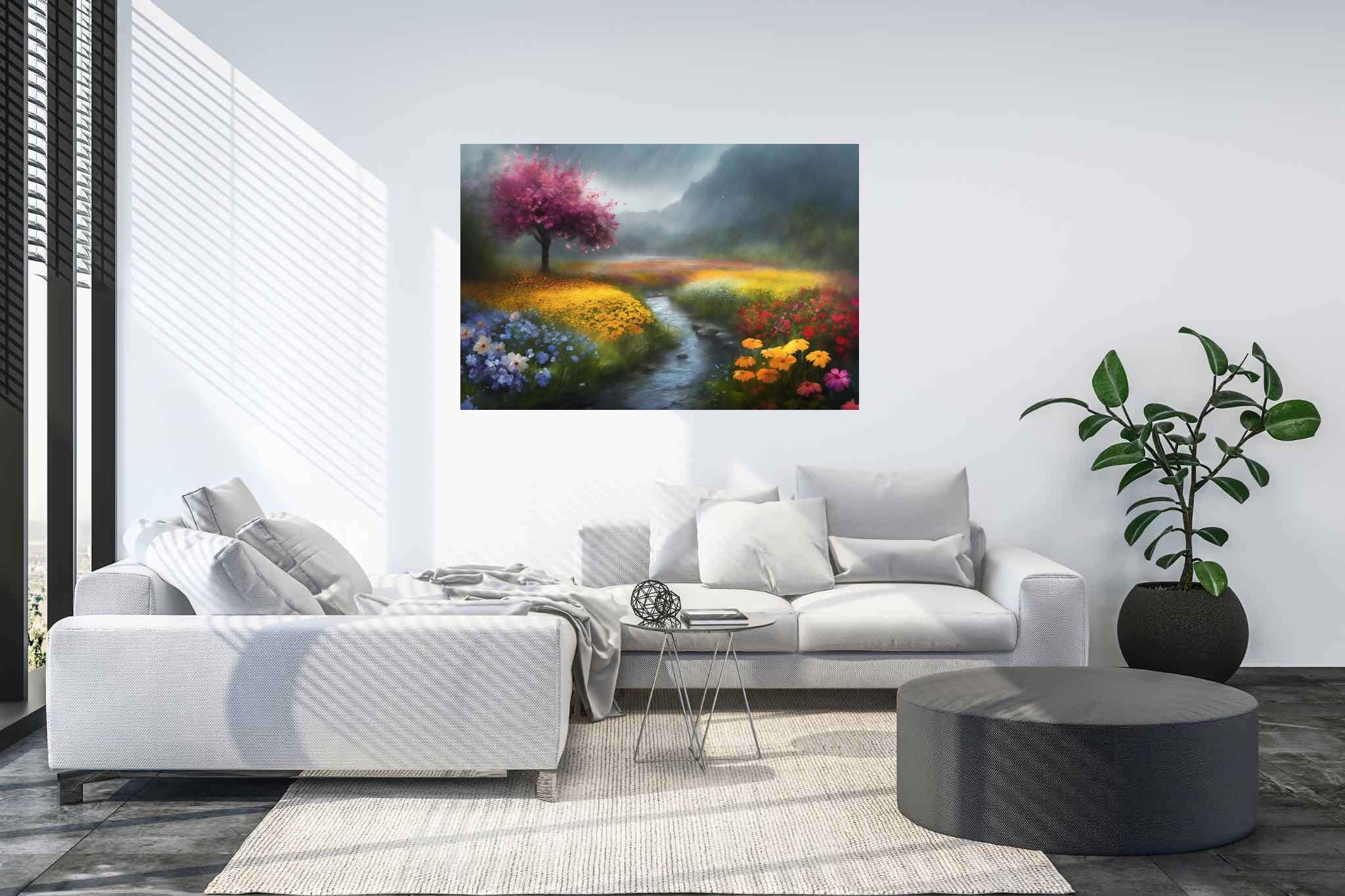 Serenity's palette embrace: Landscape art with landscape art, in a room with classic elegance, gallery-quality artwork, and interior decorations. The art can be printed on poster, framed poster, canvas, metal, acrylic or wood, exclusively at WallArtZen. Find this exact print at https://wallartzen.com/waz318