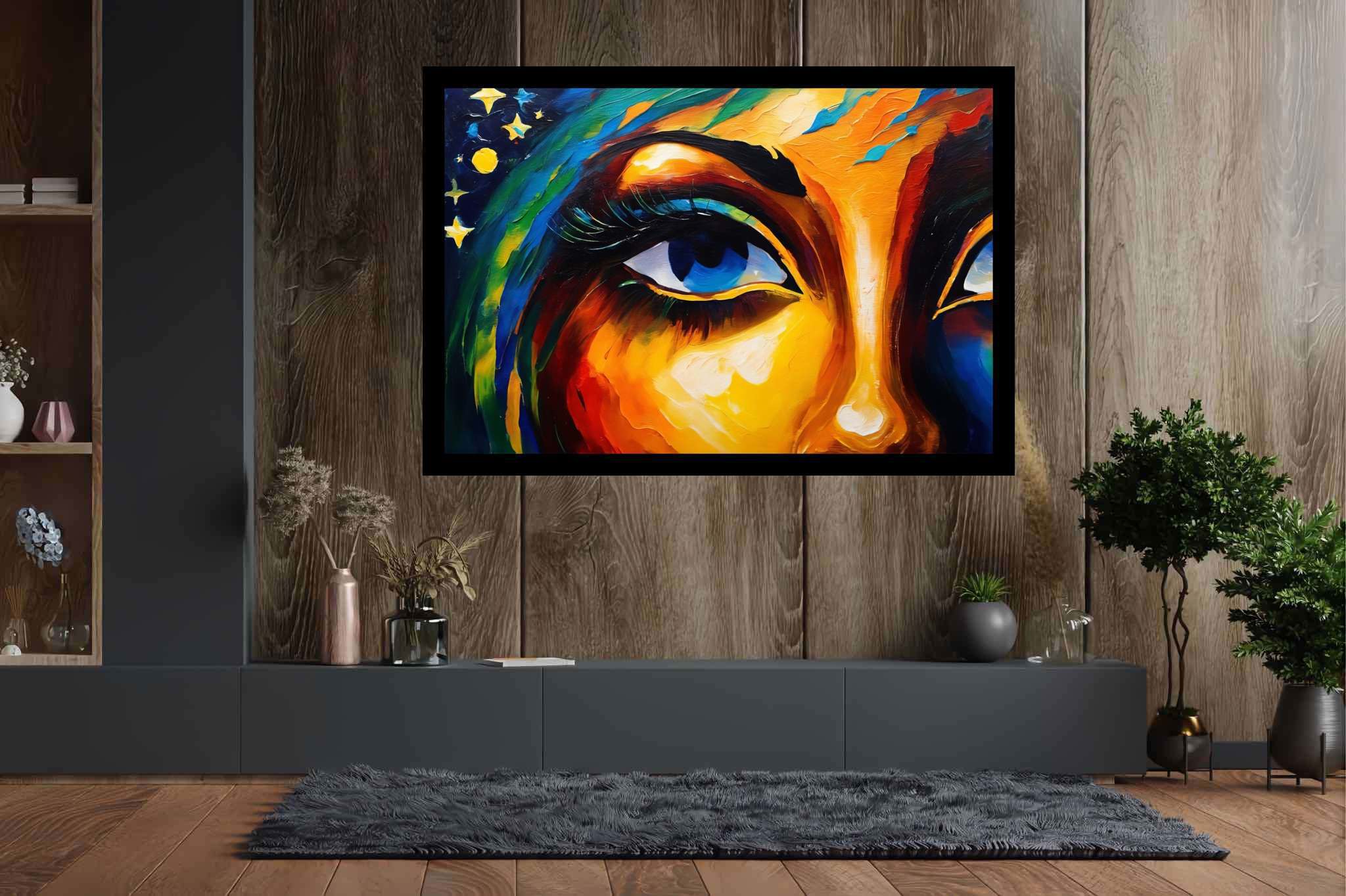Gaze of the starlit muse: Vibrant art with lively paintings, in a room with chic decor, gallery-quality artwork, and interior decorations. The art can be printed on poster, framed poster, canvas, metal, acrylic or wood, exclusively at WallArtZen. Find this exact print at https://wallartzen.com/waz319