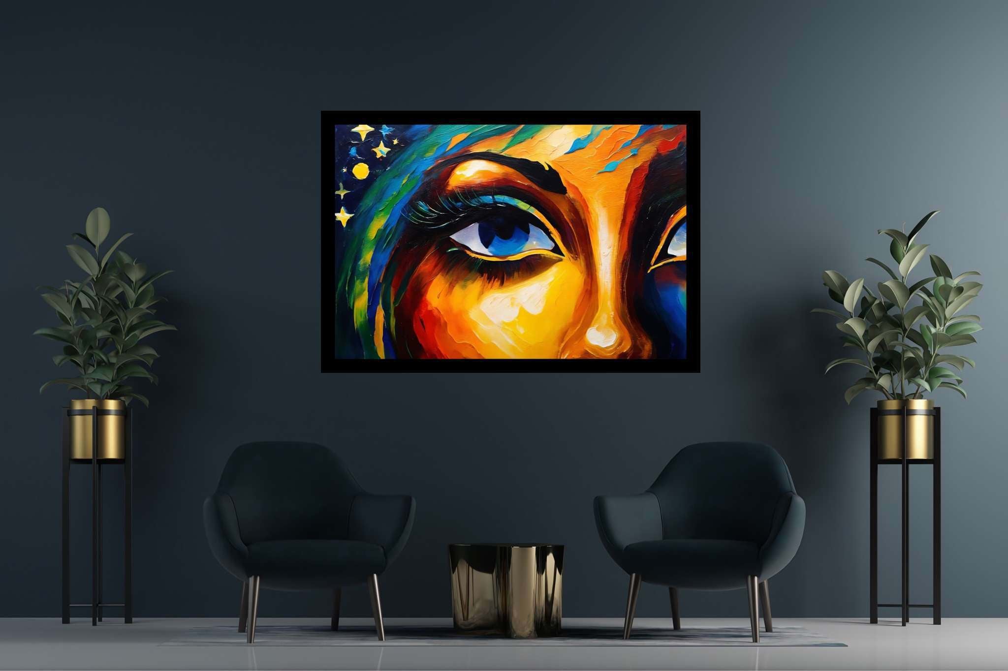 Gaze of the starlit muse: Vibrant art with colorful artwork, in a room with elegant layout, canvas prints, and home furnishings. The art can be printed on poster, framed poster, canvas, metal, acrylic or wood, exclusively at WallArtZen. Find this exact print at https://wallartzen.com/waz319