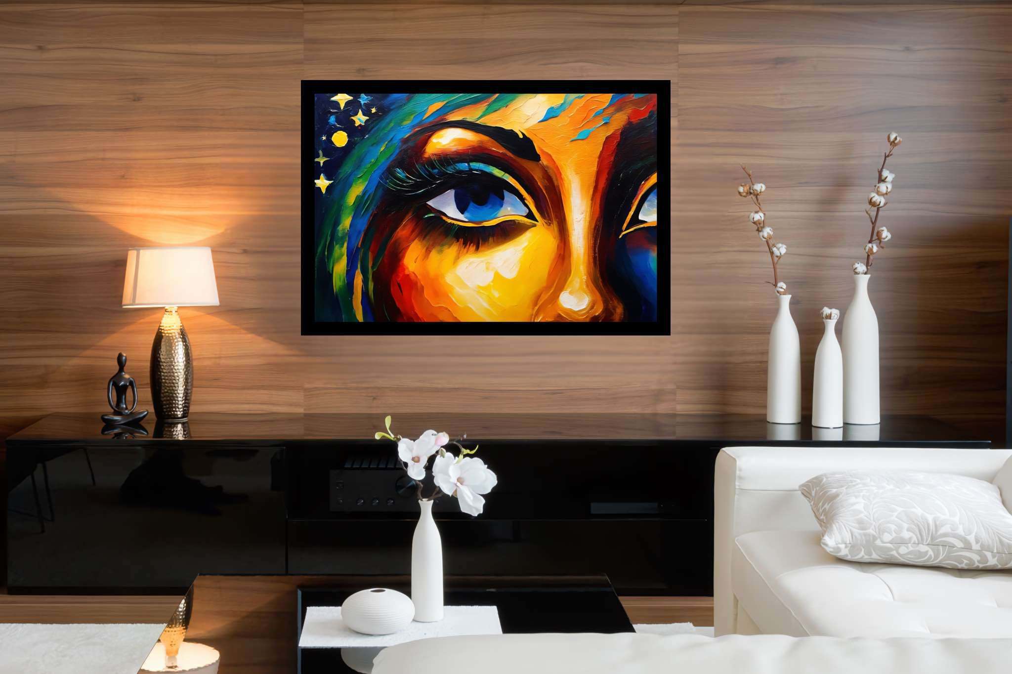 Gaze of the starlit muse: Vibrant art with vibrant digital art, in a room with innovative layout, digital art pieces, and interior decorations. The art can be printed on poster, framed poster, canvas, metal, acrylic or wood, exclusively at WallArtZen. Find this exact print at https://wallartzen.com/waz319