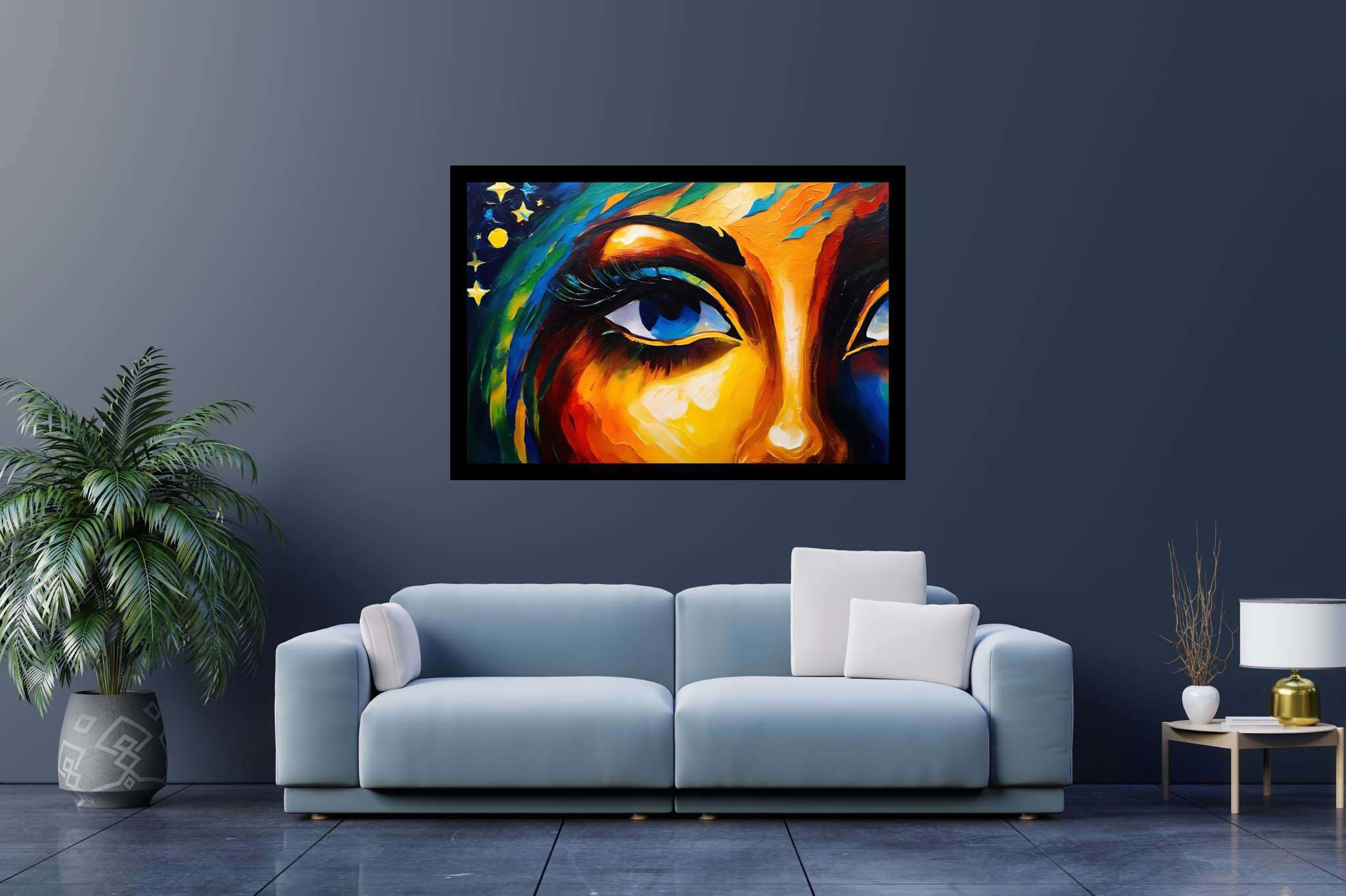 Gaze of the starlit muse: Vibrant art with vibrant digital art, in a room with chic decor, canvas prints, and designer furniture. The art can be printed on poster, framed poster, canvas, metal, acrylic or wood, exclusively at WallArtZen. Find this exact print at https://wallartzen.com/waz319