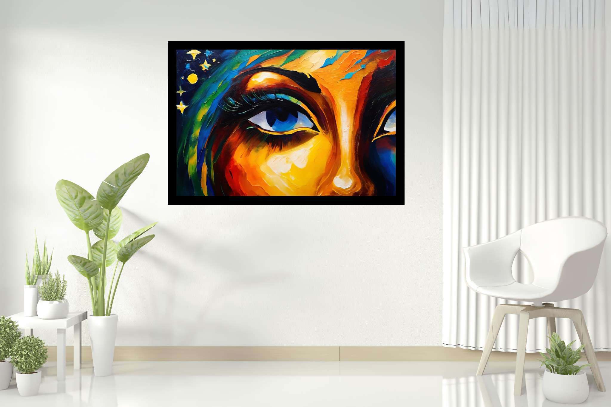 Gaze of the starlit muse: Vibrant art with lively paintings, in a room with contemporary flair, framed art, and home furnishings. The art can be printed on poster, framed poster, canvas, metal, acrylic or wood, exclusively at WallArtZen. Find this exact print at https://wallartzen.com/waz319
