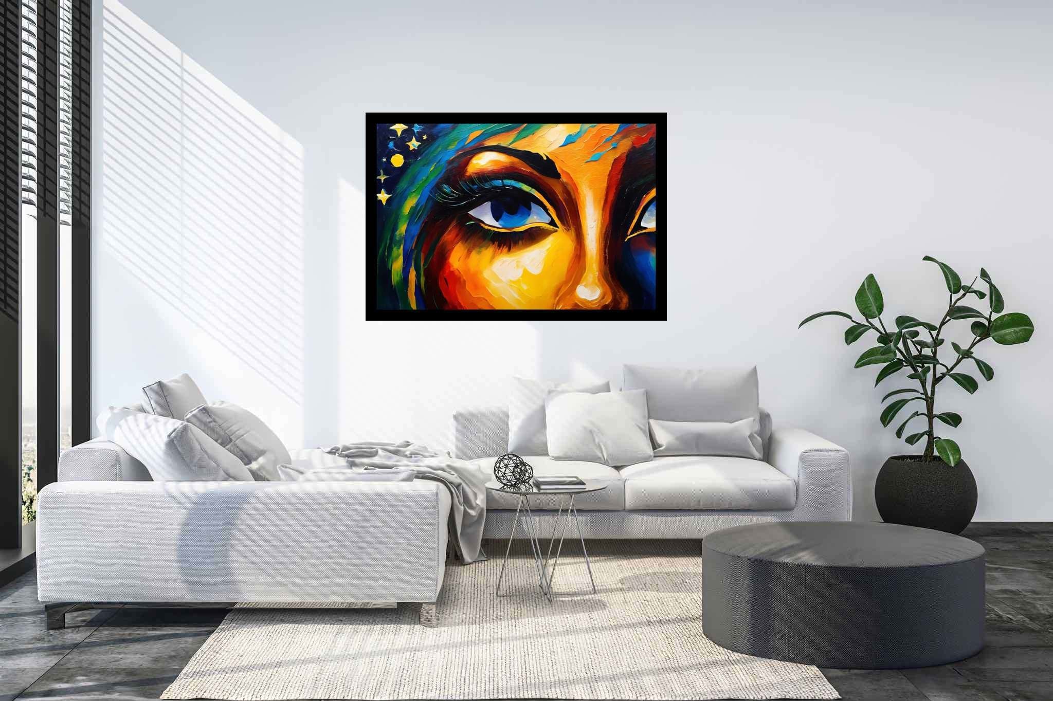 Gaze of the starlit muse: Vibrant art with vibrant nature art, in a room with modern style, gallery-quality artwork, and stylish accessories. The art can be printed on poster, framed poster, canvas, metal, acrylic or wood, exclusively at WallArtZen. Find this exact print at https://wallartzen.com/waz319
