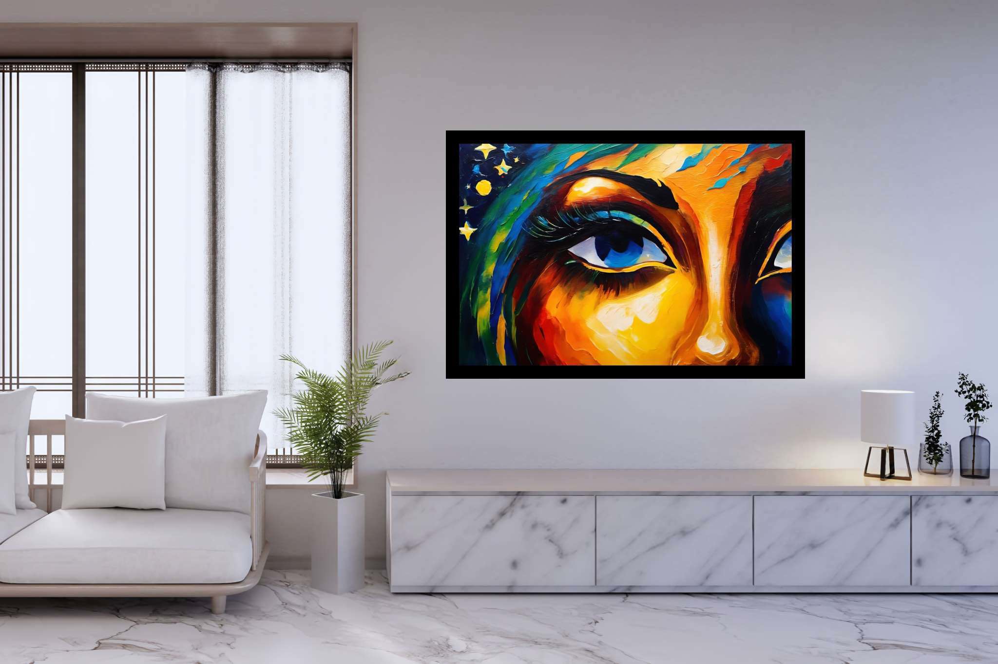 Gaze of the starlit muse: Vibrant art with energetic masterpieces, in a room with innovative layout, fine art prints, and stylish accessories. The art can be printed on poster, framed poster, canvas, metal, acrylic or wood, exclusively at WallArtZen. Find this exact print at https://wallartzen.com/waz319