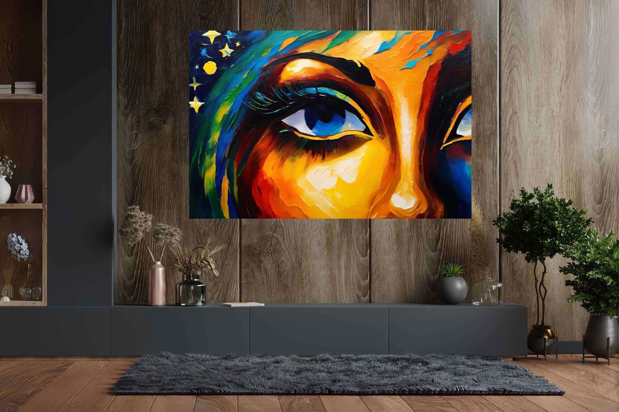 Gaze of the starlit muse: Vibrant art with energetic masterpieces, in a room with chic decor, canvas prints, and stylish accessories. The art can be printed on poster, framed poster, canvas, metal, acrylic or wood, exclusively at WallArtZen. Find this exact print at https://wallartzen.com/waz319
