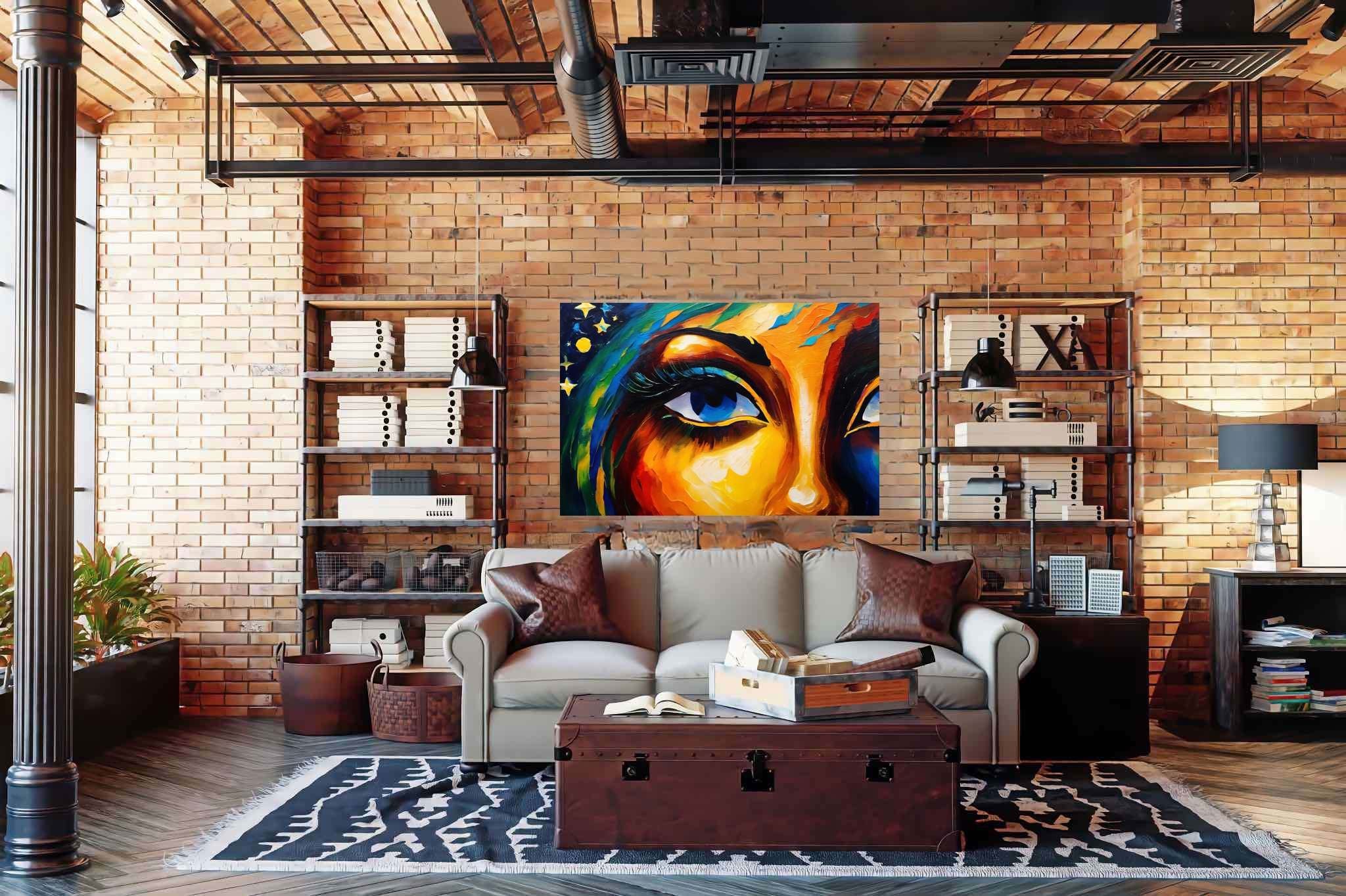 Gaze of the starlit muse: Vibrant art with dynamic artistic expressions, in a room with innovative layout, bespoke art designs, and elegant home goods. The art can be printed on poster, framed poster, canvas, metal, acrylic or wood, exclusively at WallArtZen. Find this exact print at https://wallartzen.com/waz319
