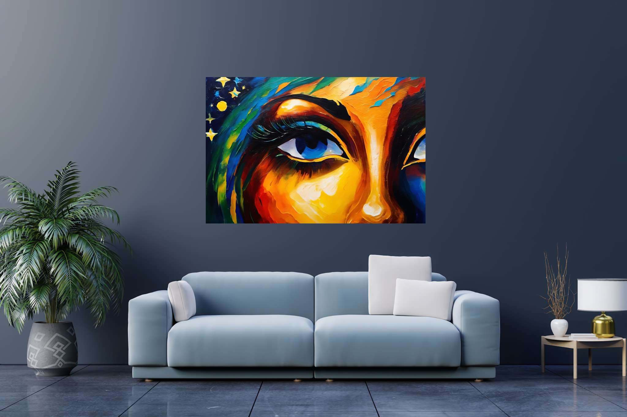 Gaze of the starlit muse: Vibrant art with vibrant oil paintings, in a room with urban design, bespoke art designs, and trendy home accents. The art can be printed on poster, framed poster, canvas, metal, acrylic or wood, exclusively at WallArtZen. Find this exact print at https://wallartzen.com/waz319